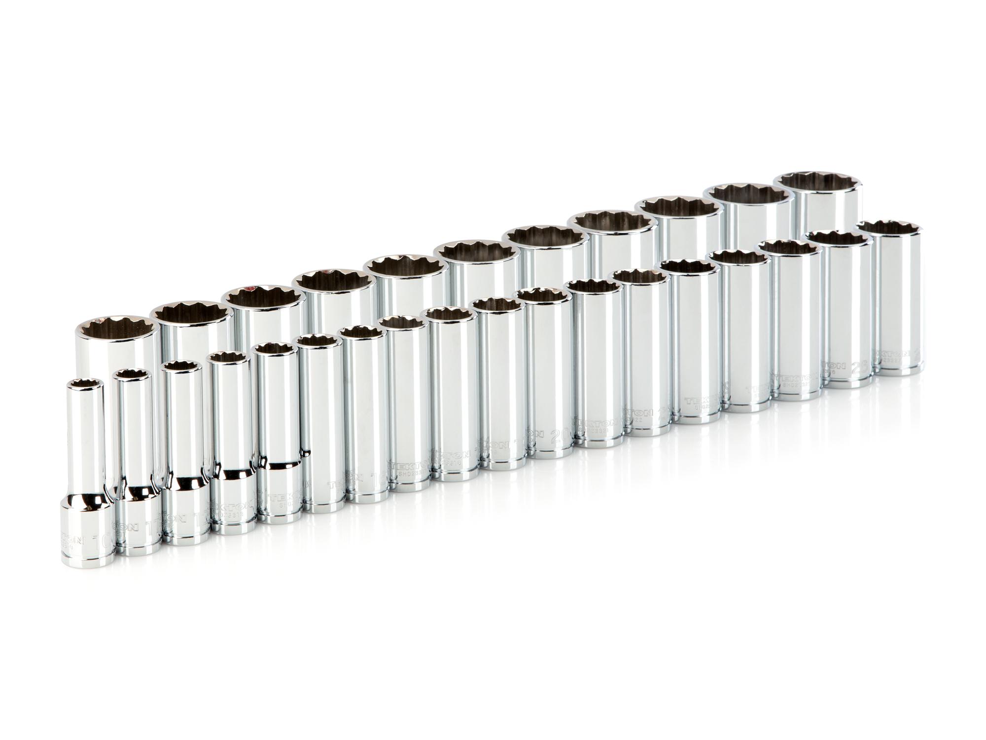 Front-right angle view of Tekton hand drive 12-point socket set. Item #SHD92016