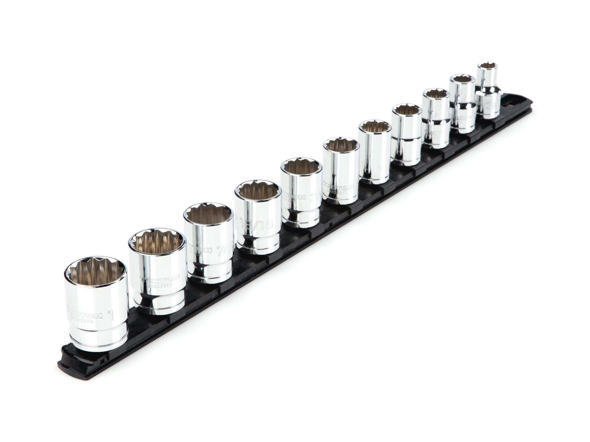 Front-right angle view of Tekton rail hand drive 12-point socket set. Item #SHD92103