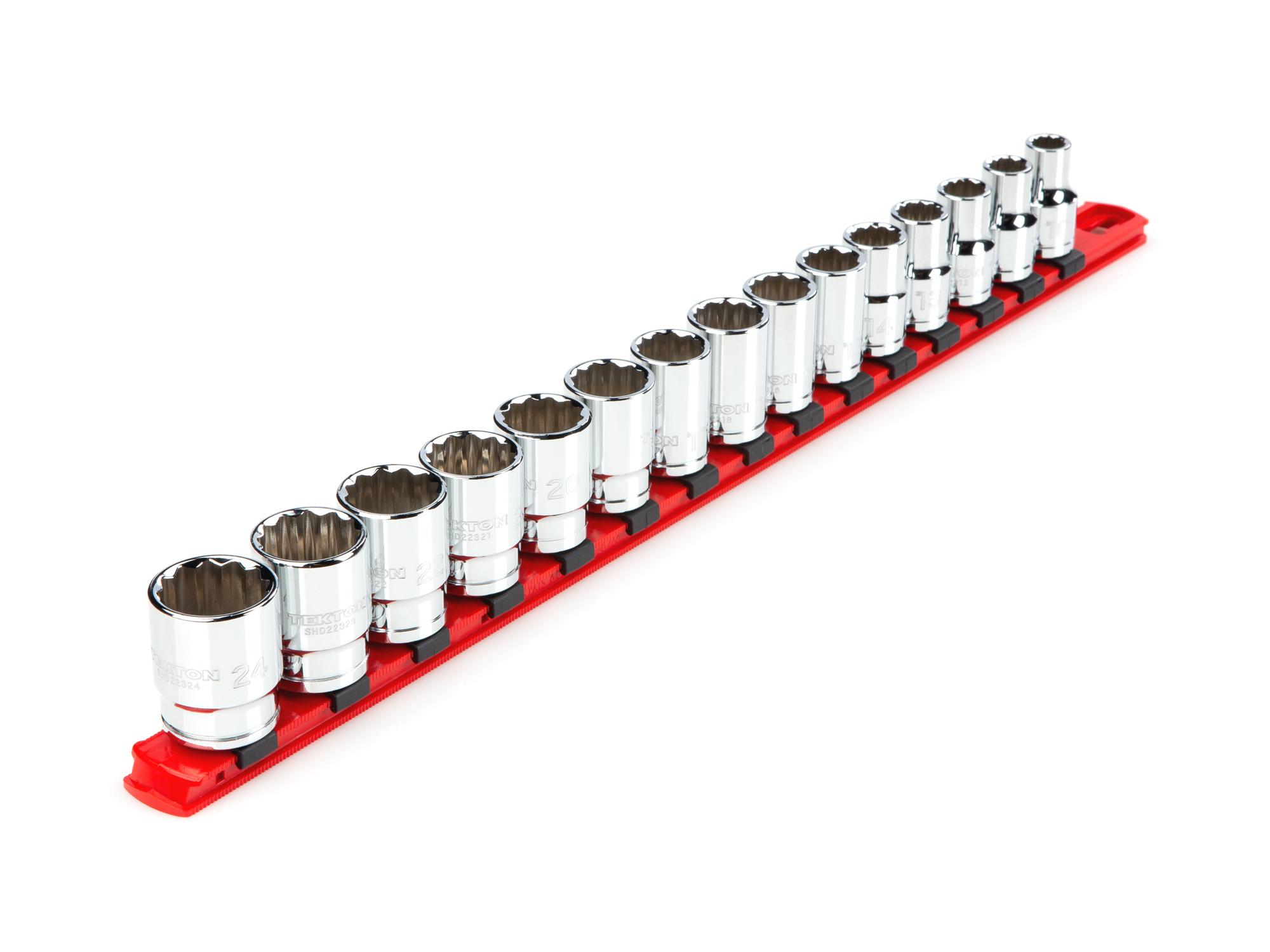 Front-right angle view of Tekton rail hand drive 12-point socket set. Item #SHD92104