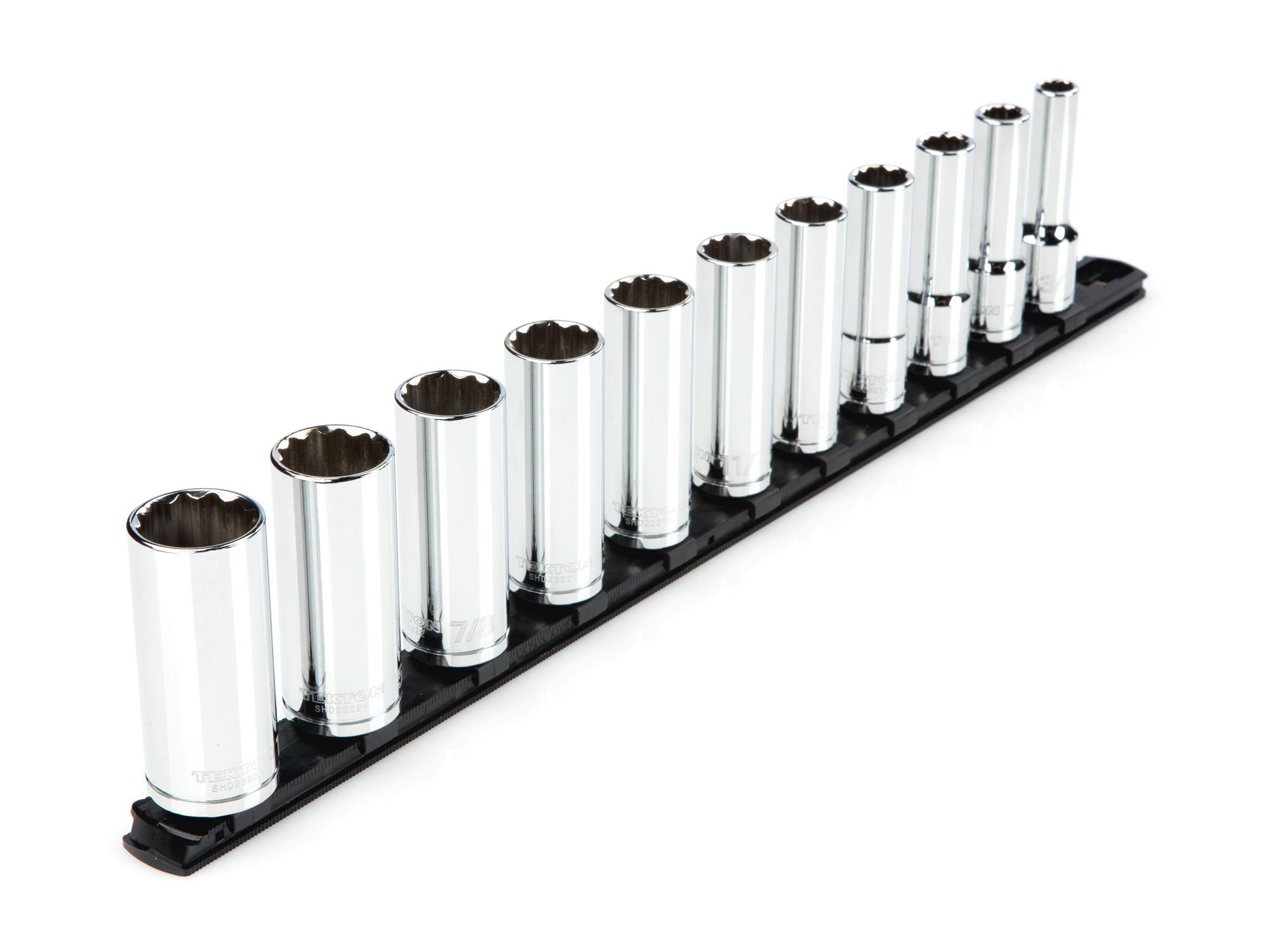 Front-right angle view of Tekton rail hand drive 12-point socket set. Item #SHD92107