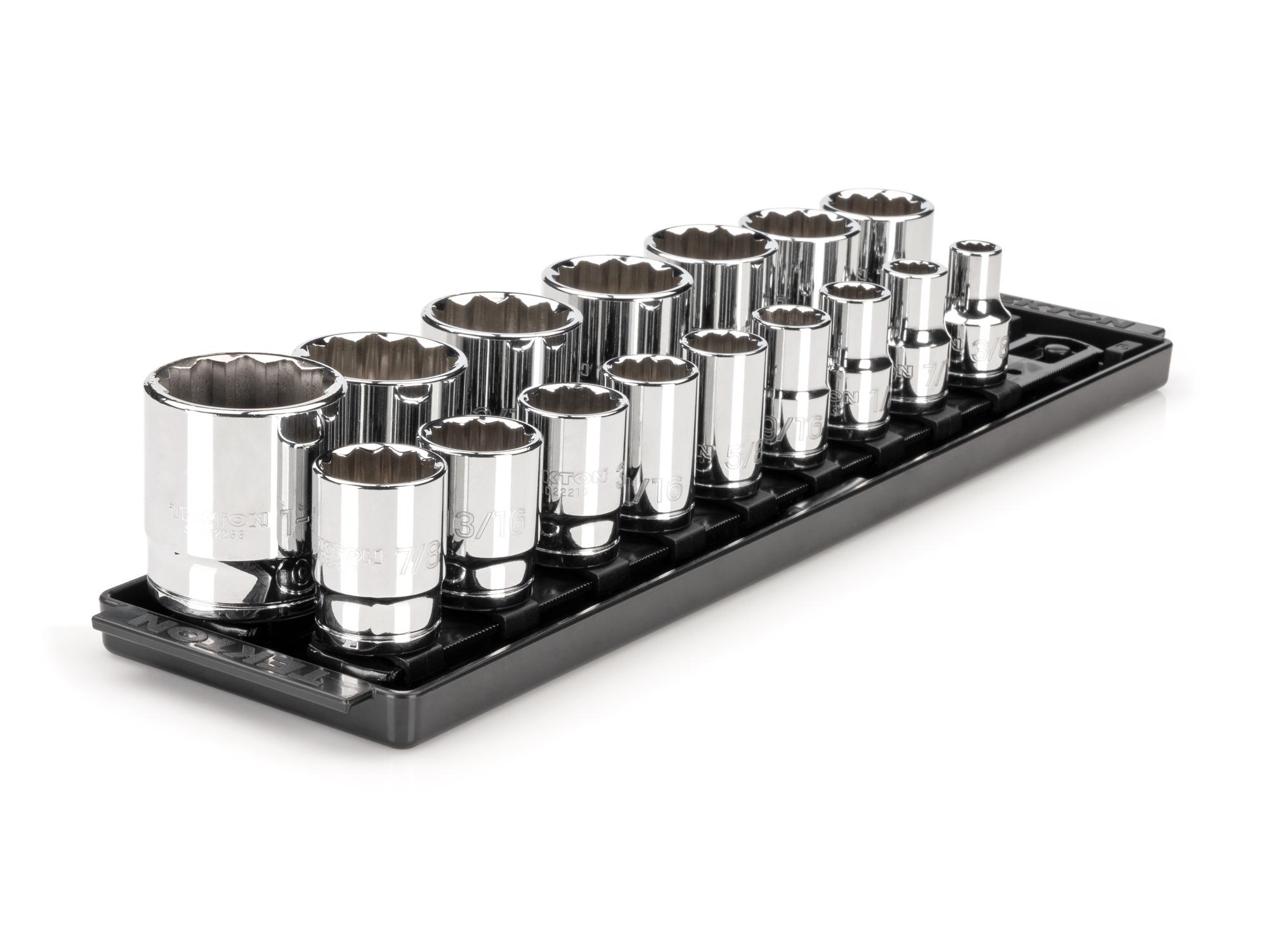 Front-right angle view of Tekton rail hand drive 12-point socket set. Item #SHD92118