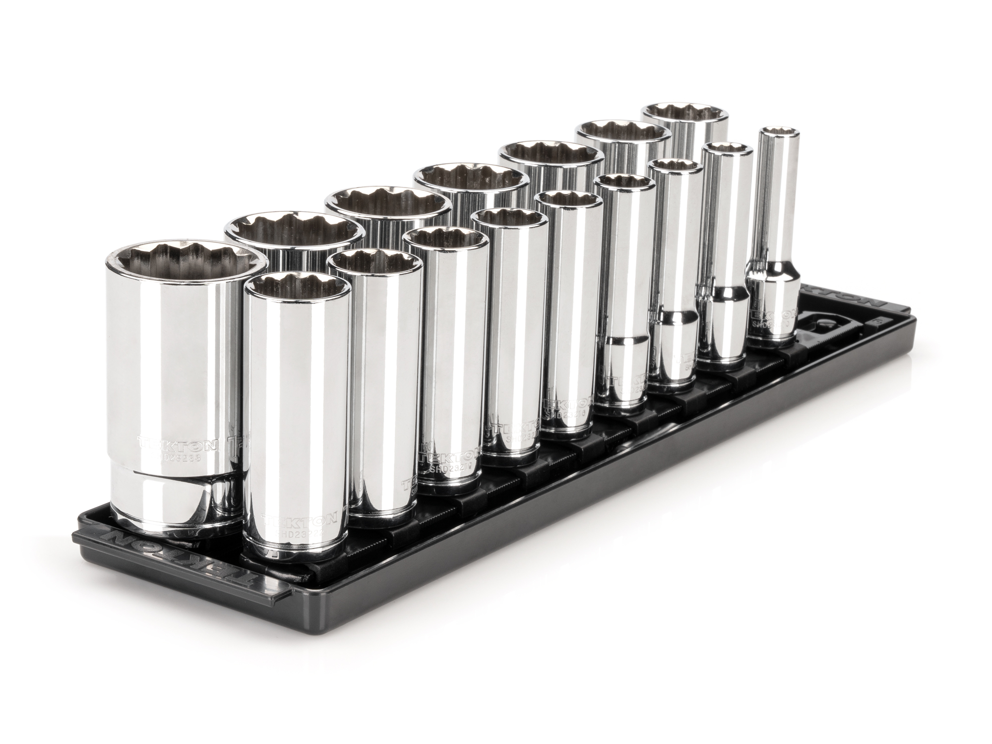 TEKTON 1/2 Inch Drive Deep 12-Point Socket Set with Rails and Tray, 16-Piece (3/8 - 1-5/16 in.)