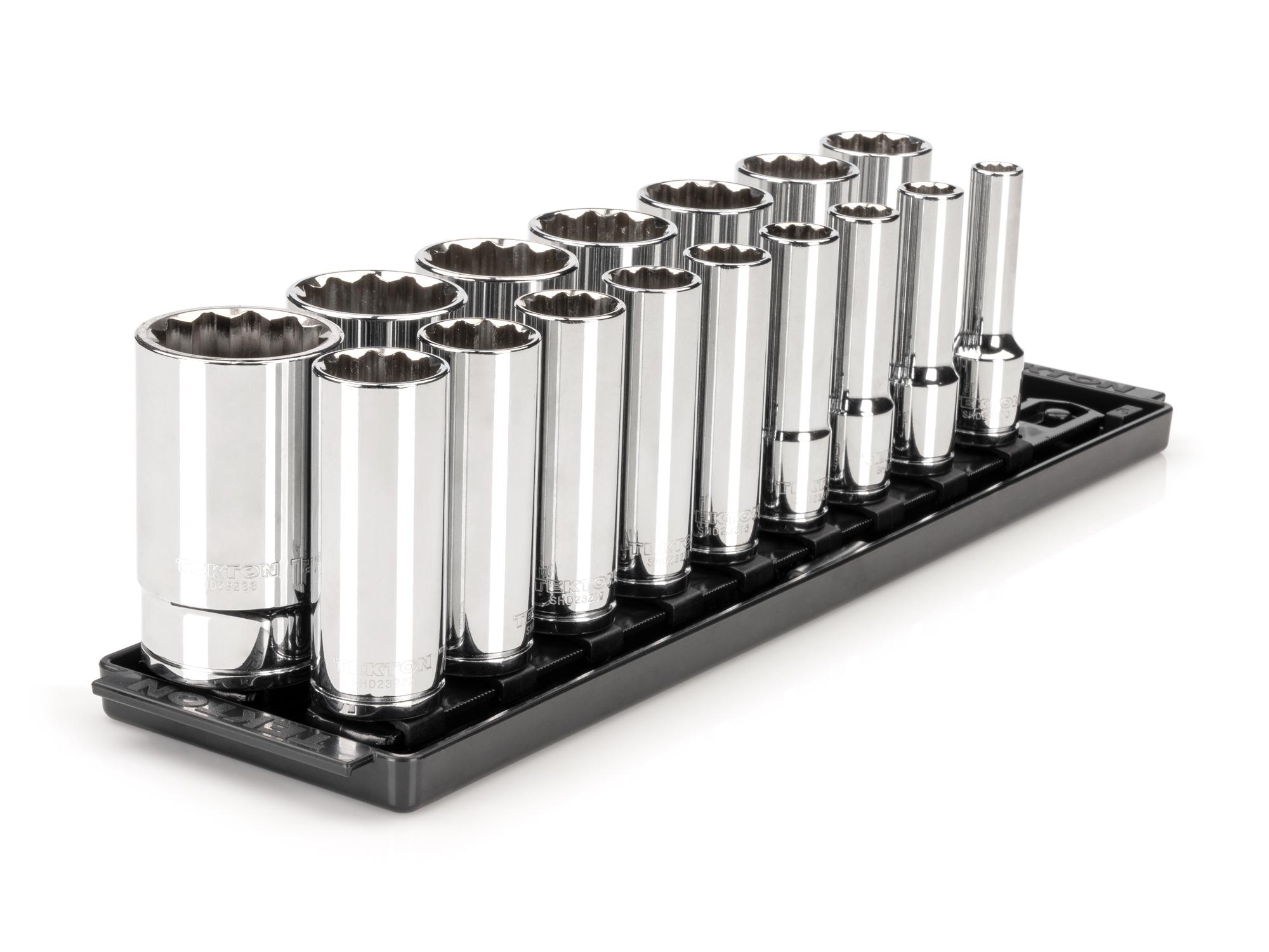 Front-right angle view of Tekton rail hand drive 12-point socket set. Item #SHD92119