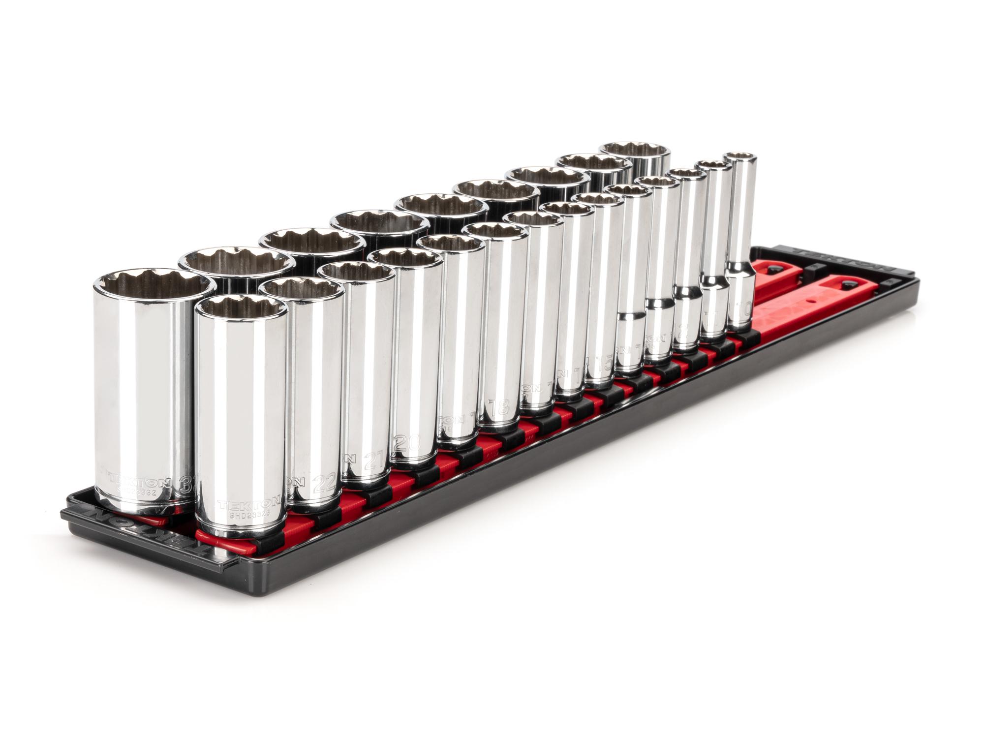 Front-right angle view of Tekton rail hand drive 12-point socket set. Item #SHD92121