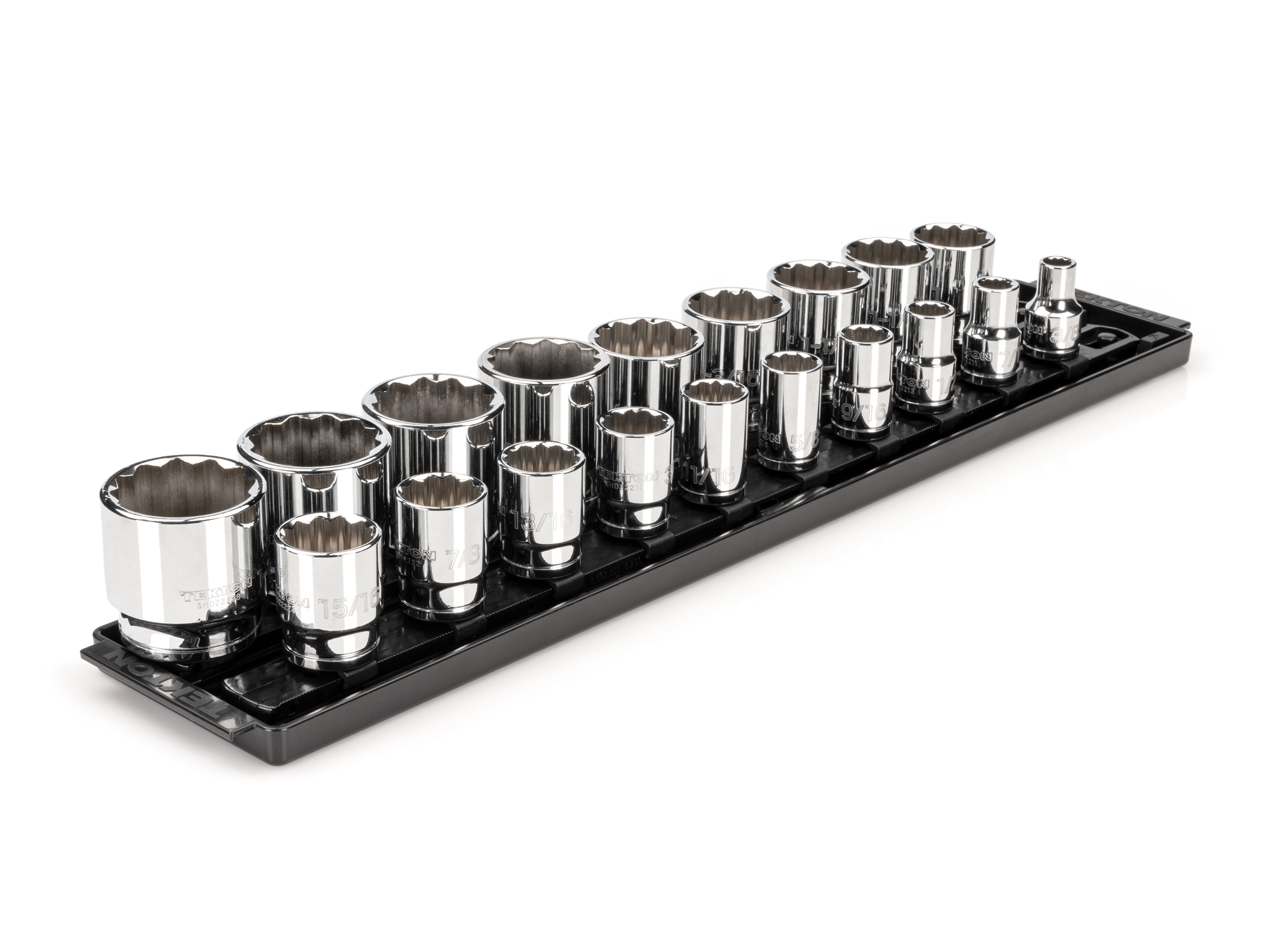 TEKTON 1/2 Inch Drive 12-Point Socket Set with Rails and Tray, 19-Piece (3/8 - 1-1/2 in.)