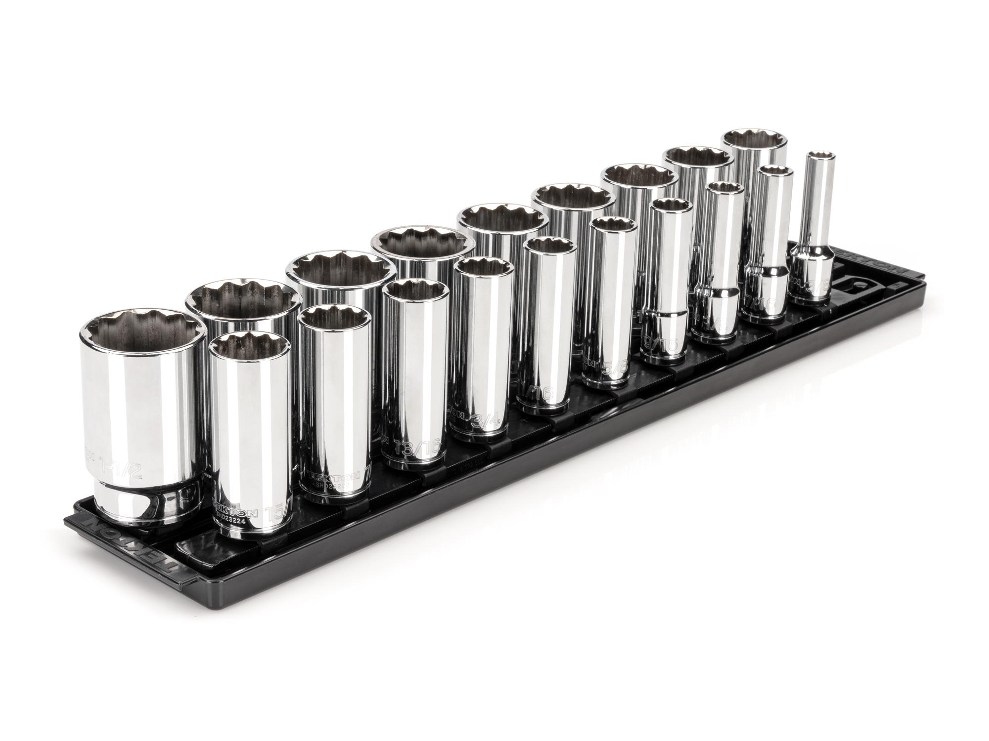 Front-right angle view of Tekton rail hand drive 12-point socket set. Item #SHD92127