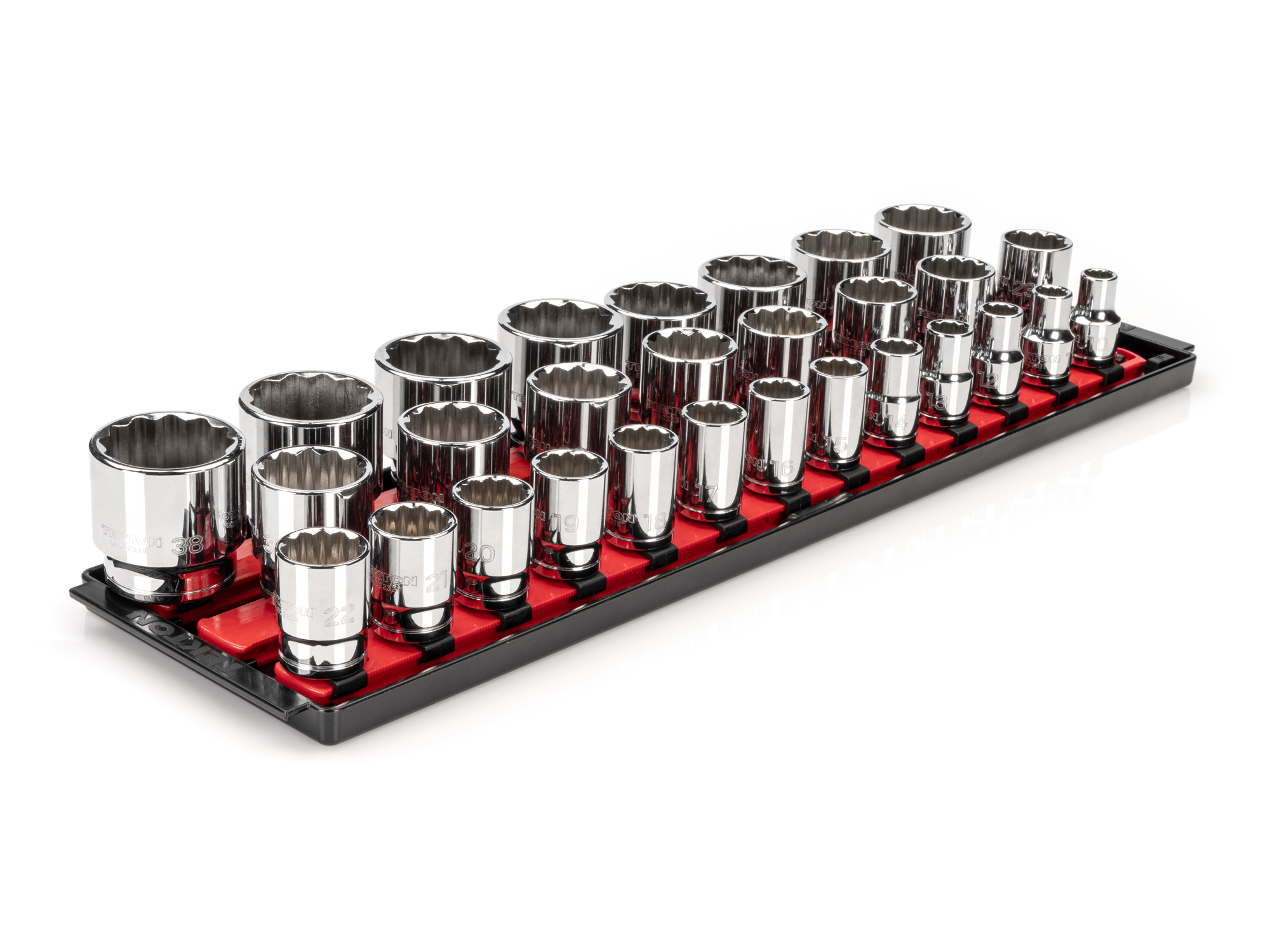 TEKTON 1/2 Inch Drive 12-Point Socket Set with Rails and Tray, 29-Piece (10-38 mm)