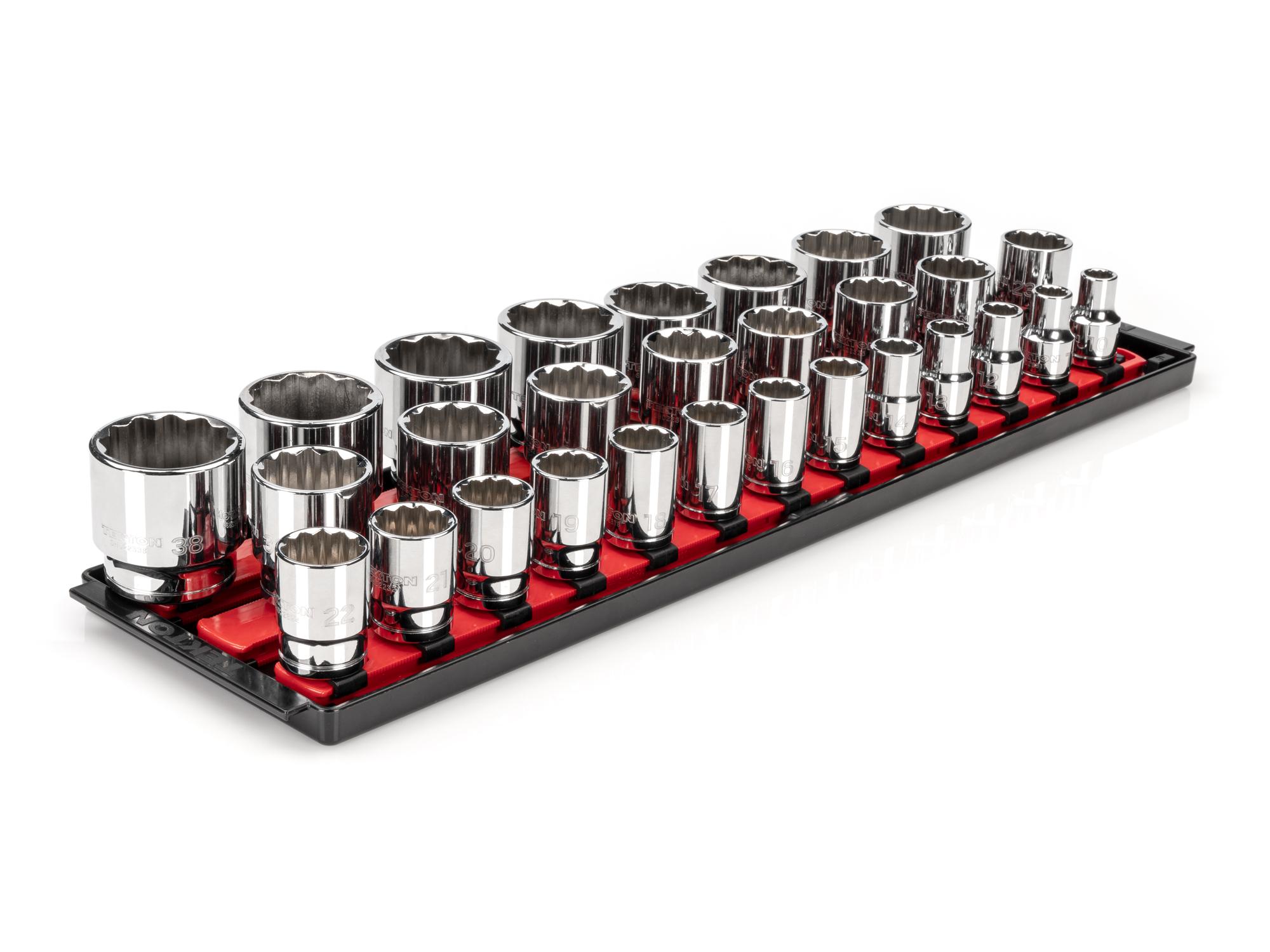 Front-right angle view of Tekton rail hand drive 12-point socket set. Item #SHD92128