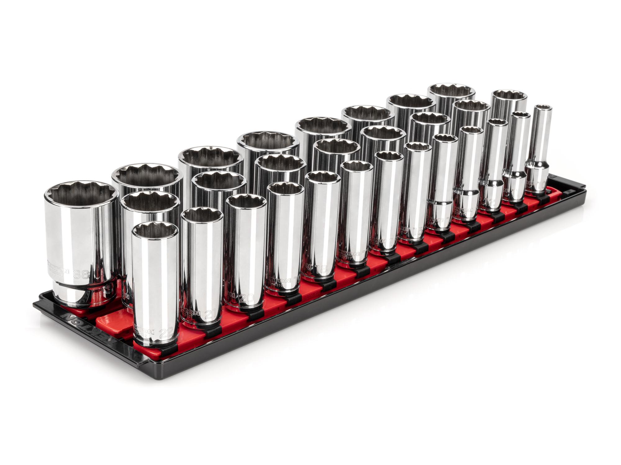 Front-right angle view of Tekton rail hand drive 12-point socket set. Item #SHD92129