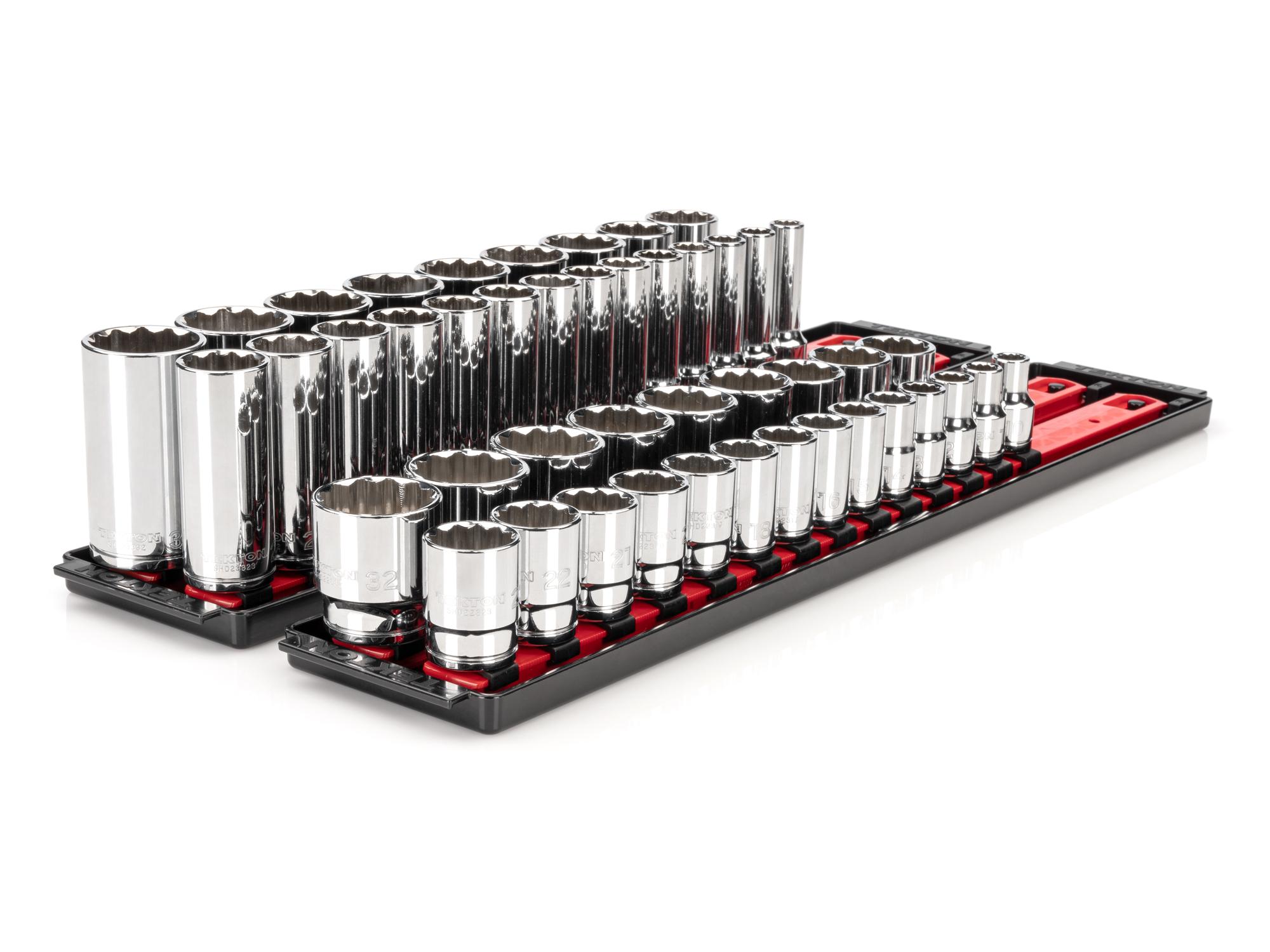 Front-right angle view of Tekton rail hand drive 12-point socket set. Item #SHD92208