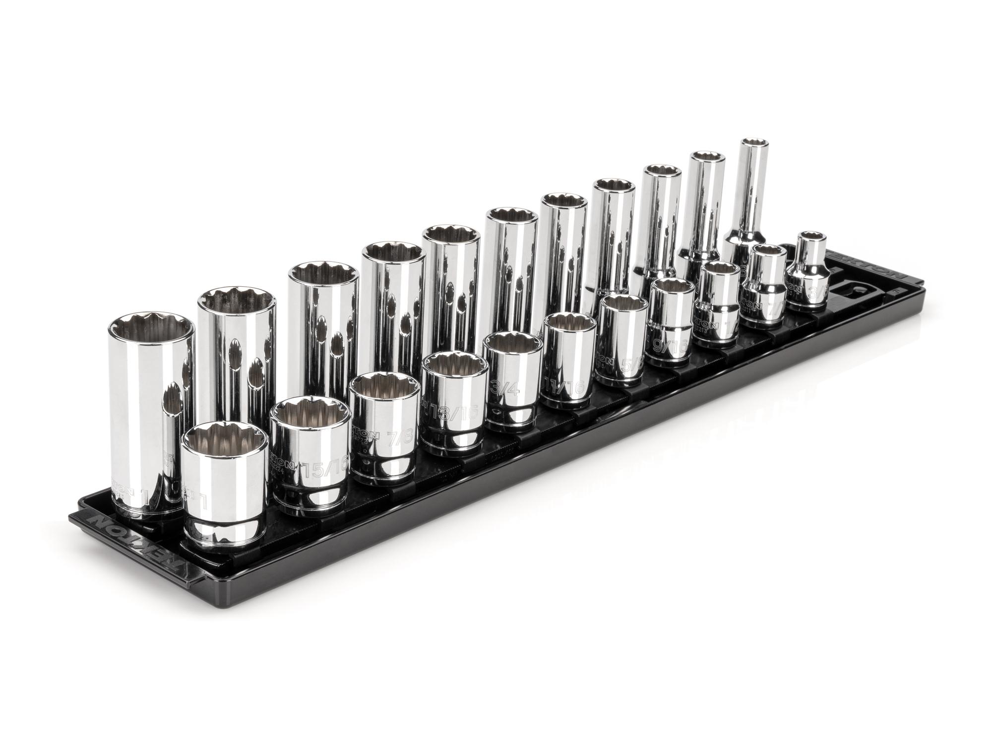 Front-right angle view of Tekton rail and tray hand drive 12-point socket set. Item #SHD92210