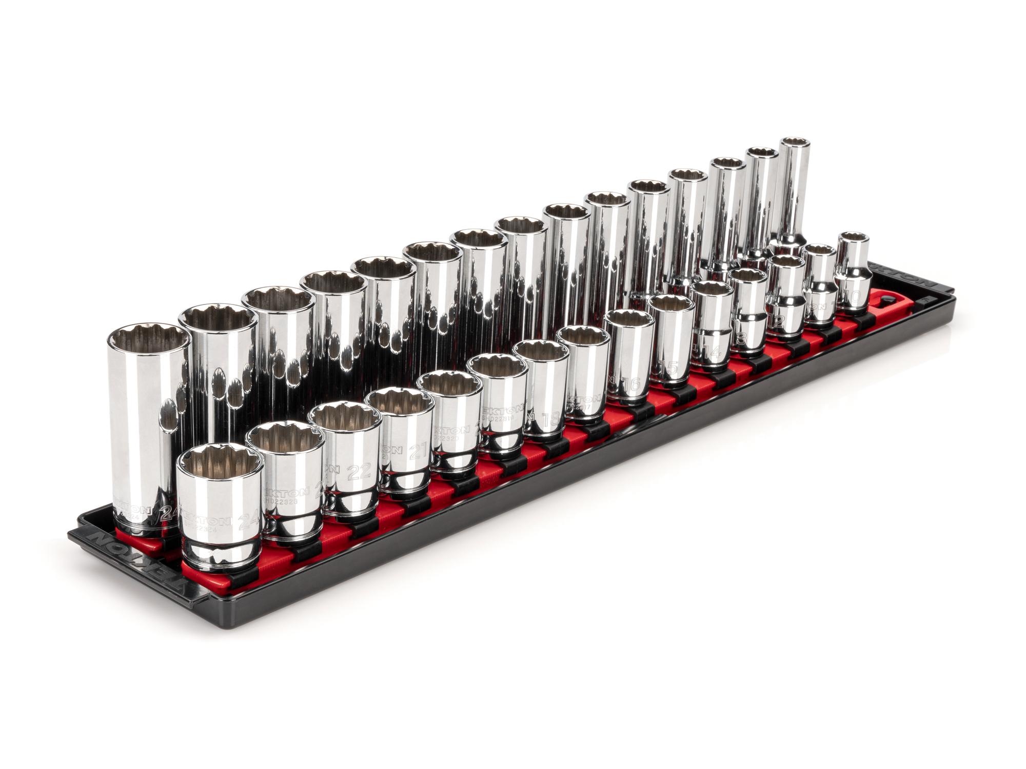 Front-right angle view of Tekton rail hand drive 12-point socket set. Item #SHD92212