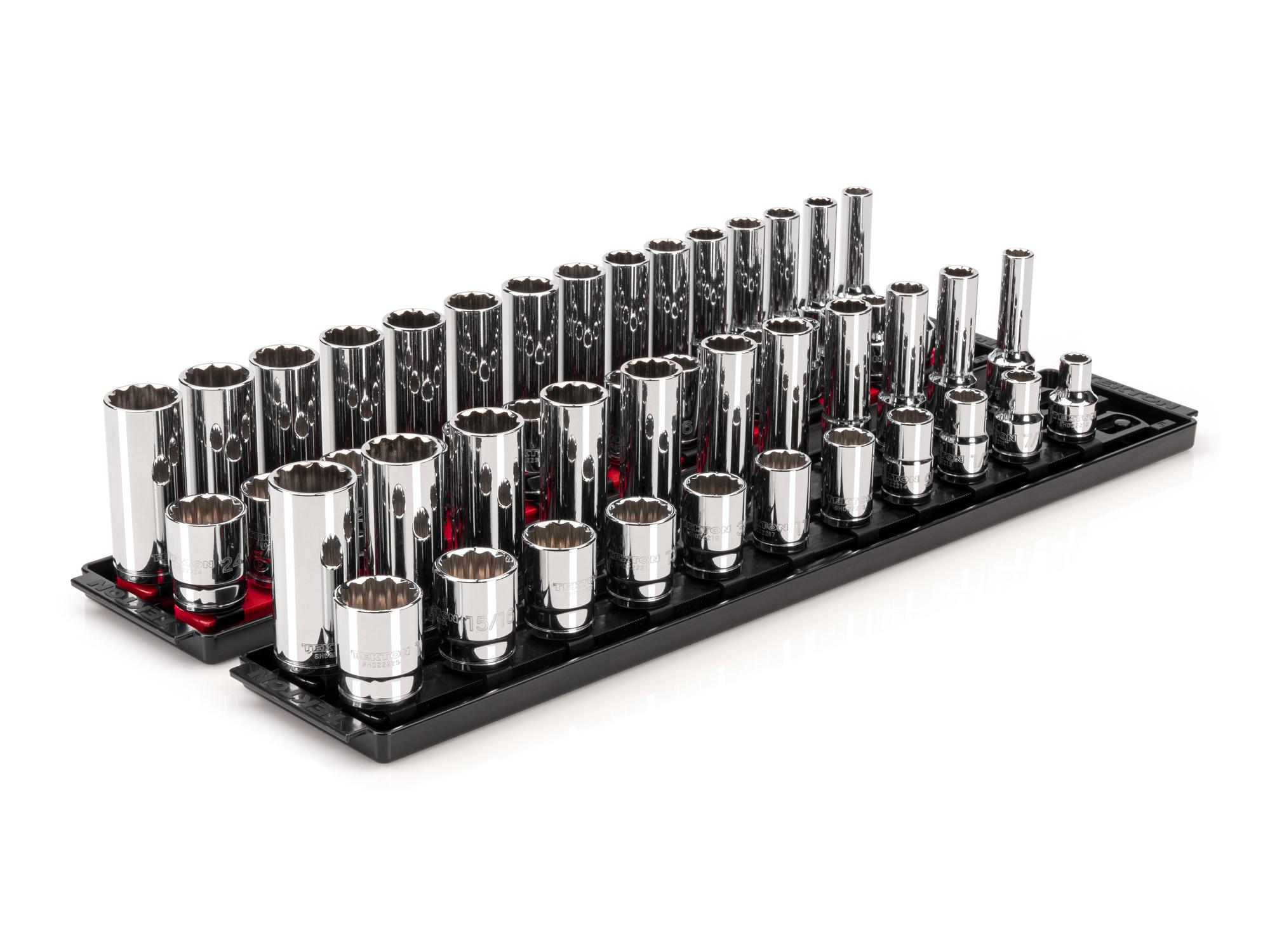 Front-right angle view of Tekton rail hand drive 12-point socket set. Item #SHD92214