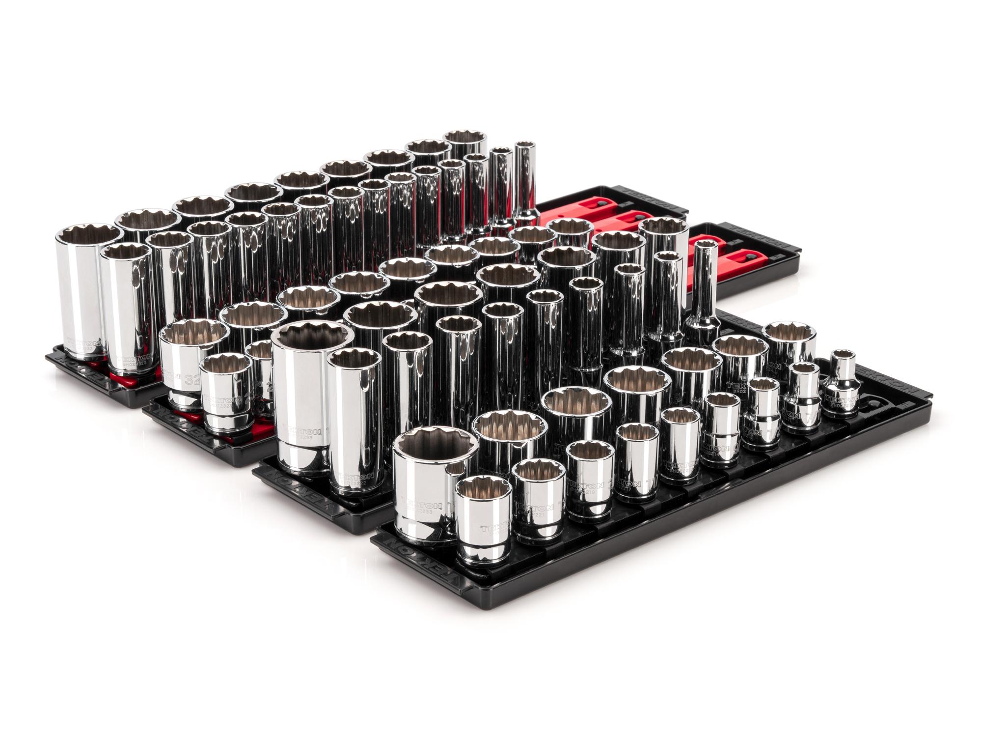 Front-right angle view of Tekton rail and tray hand drive 12-point socket set. Item #SHD92216