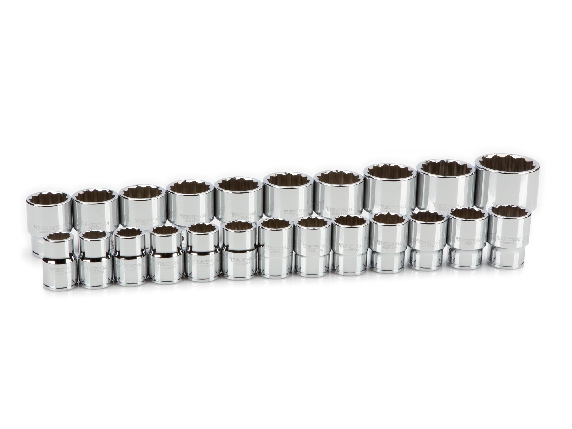 Front-right angle view of Tekton hand drive 12-point socket set. Item #SHD93016