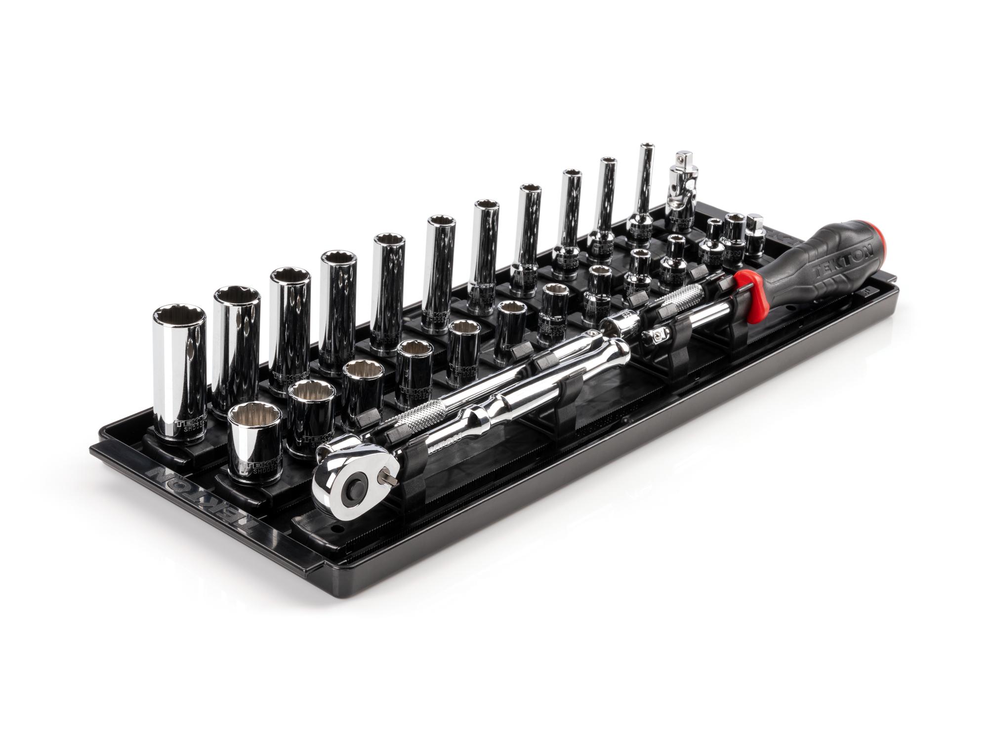 1/4 Inch Drive Shallow and Deep 12-Point Socket and Ratchet Set with Rails and Tray (29-Piece)