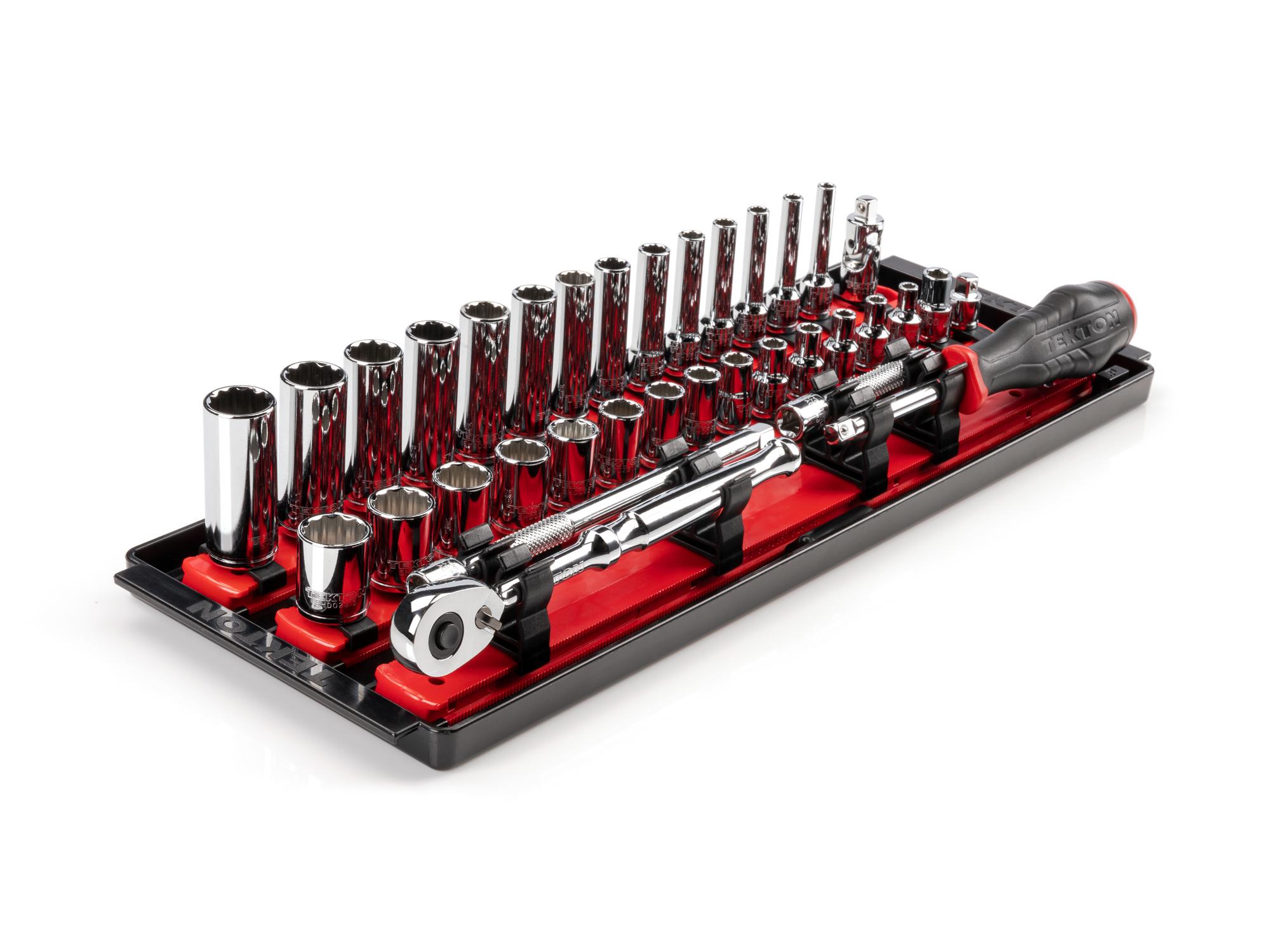 1/4 Inch Drive Shallow and Deep 12-Point Socket and Ratchet Set with Rails and Tray (35-Piece)