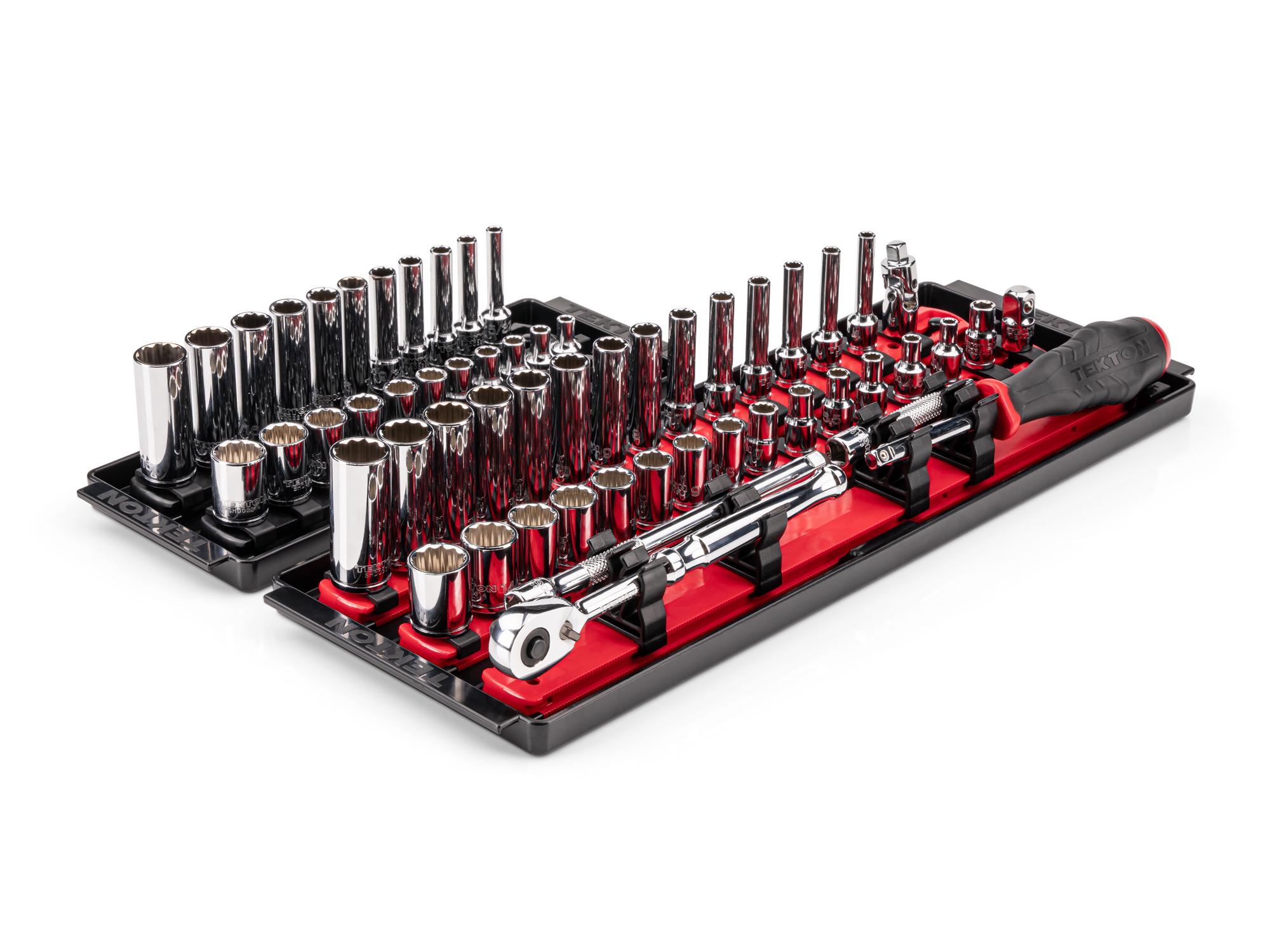 1/4 Inch Drive Shallow and Deep 12-Point Socket and Ratchet Set with Rails and Trays (57-Piece)