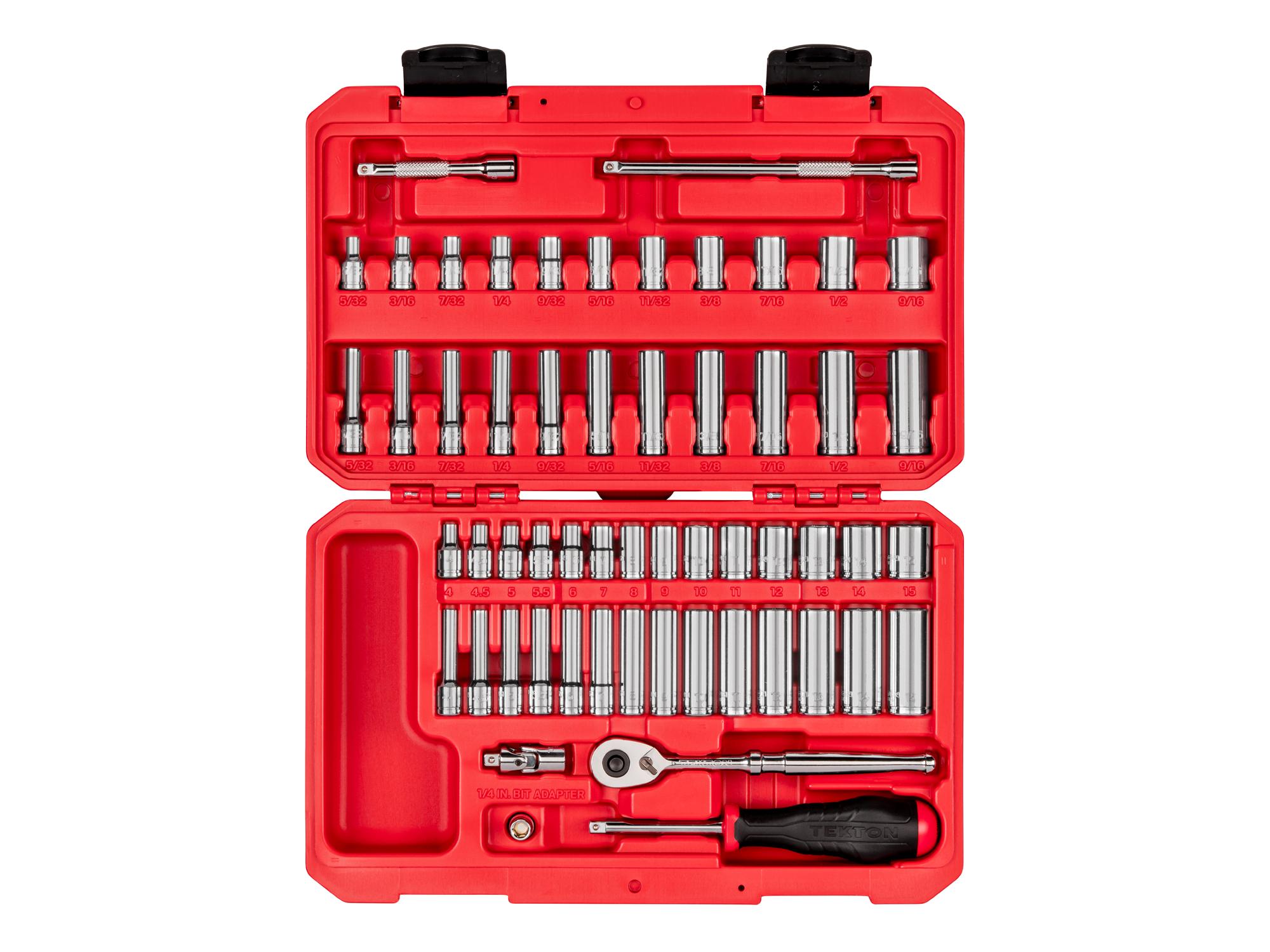 1/4 Inch Drive Shallow and Deep 12-Point Socket and Ratchet Set with Case (56-Piece)