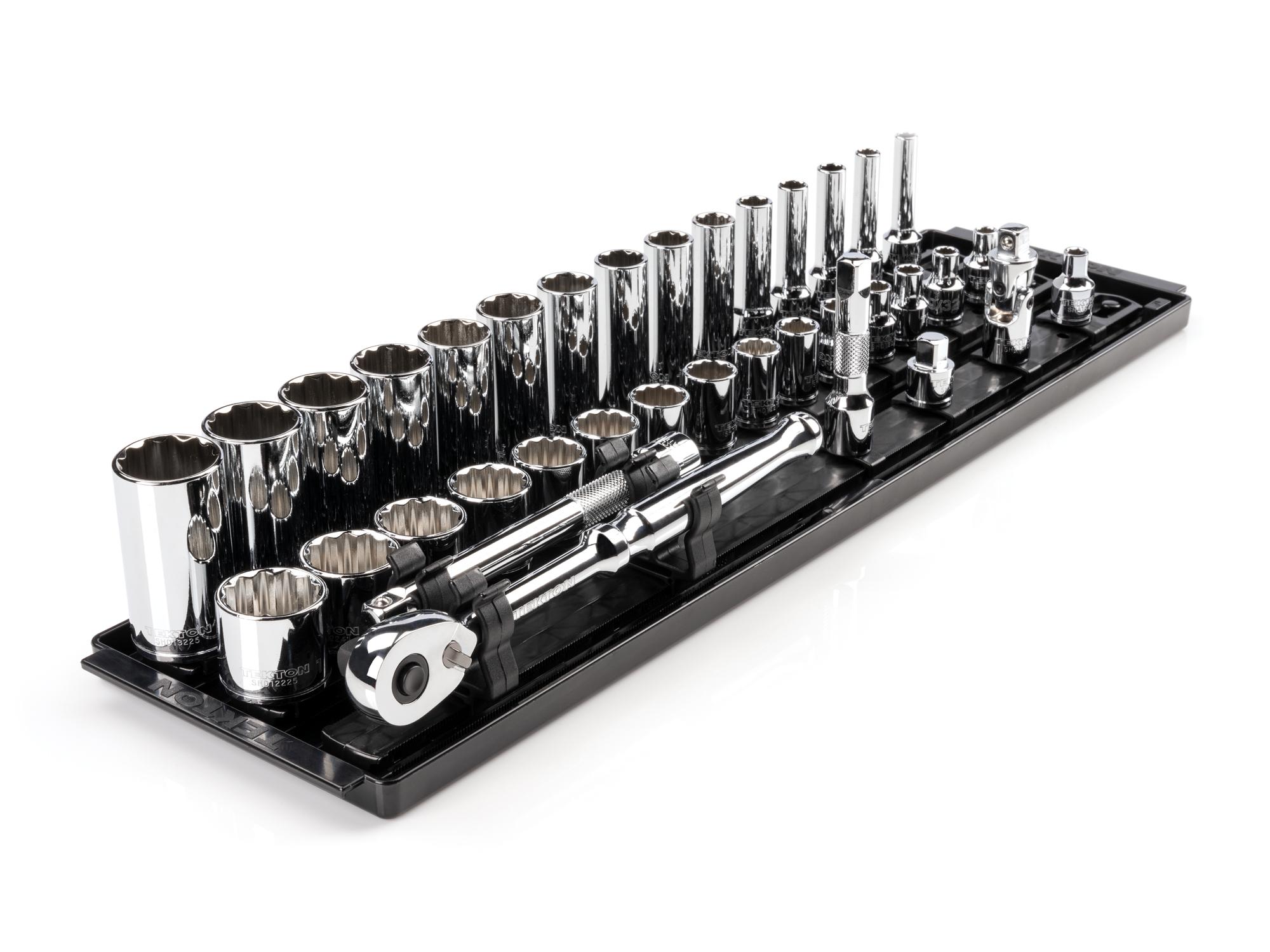 Front-right angle view of Tekton rail hand drive 12-point socket set. Item #SKT13102
