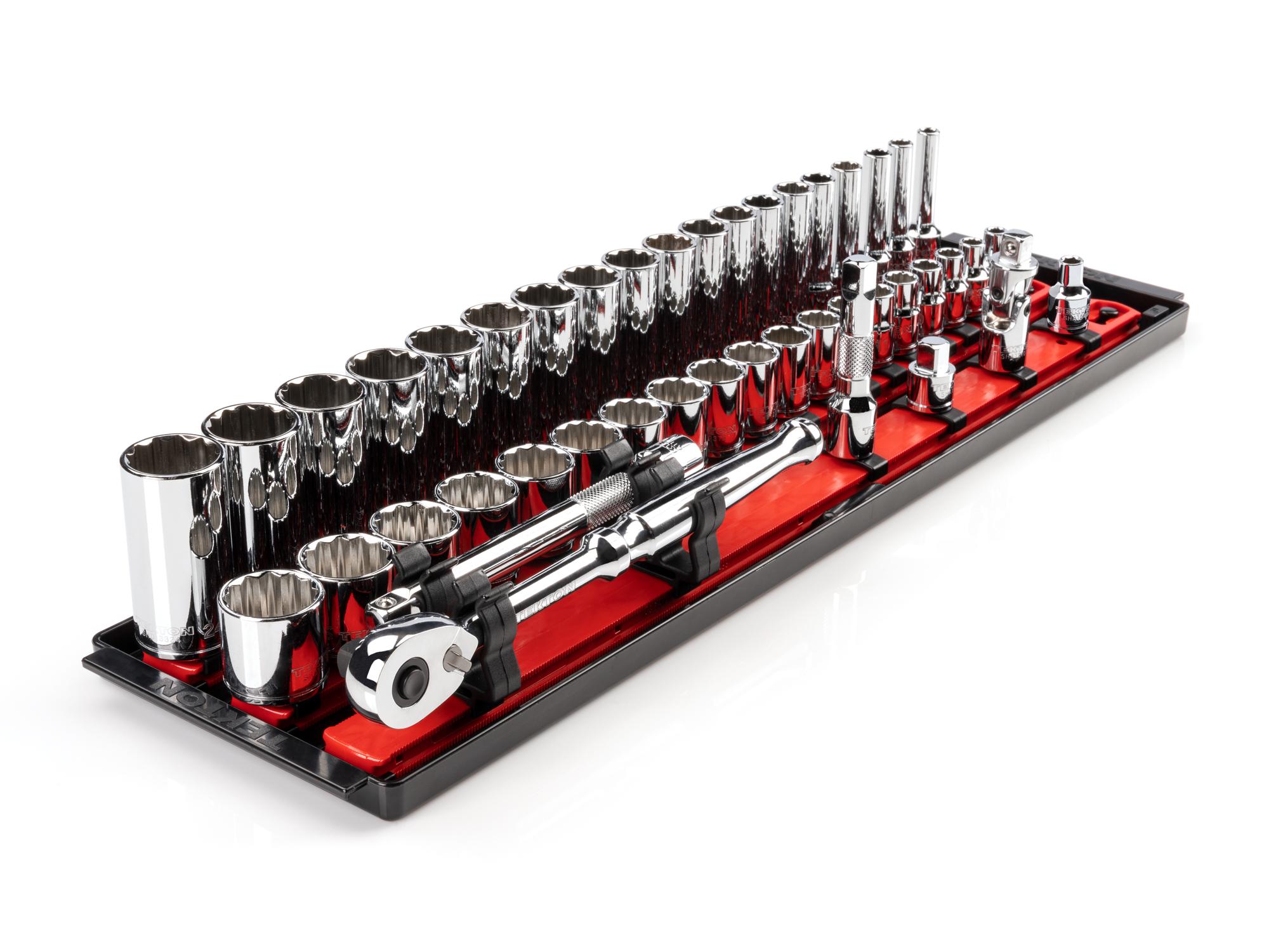 Front-right angle view of Tekton rail hand drive 12-point socket set. Item #SKT13202