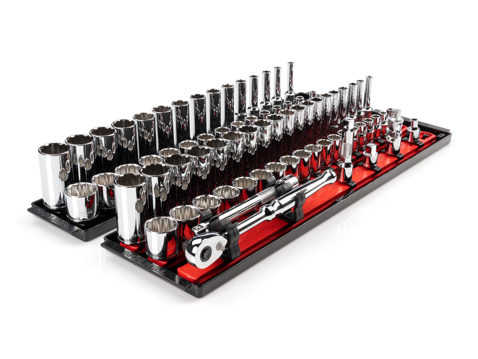 Front-right angle view of Tekton rail hand drive 12-point socket set. Item #SKT13302