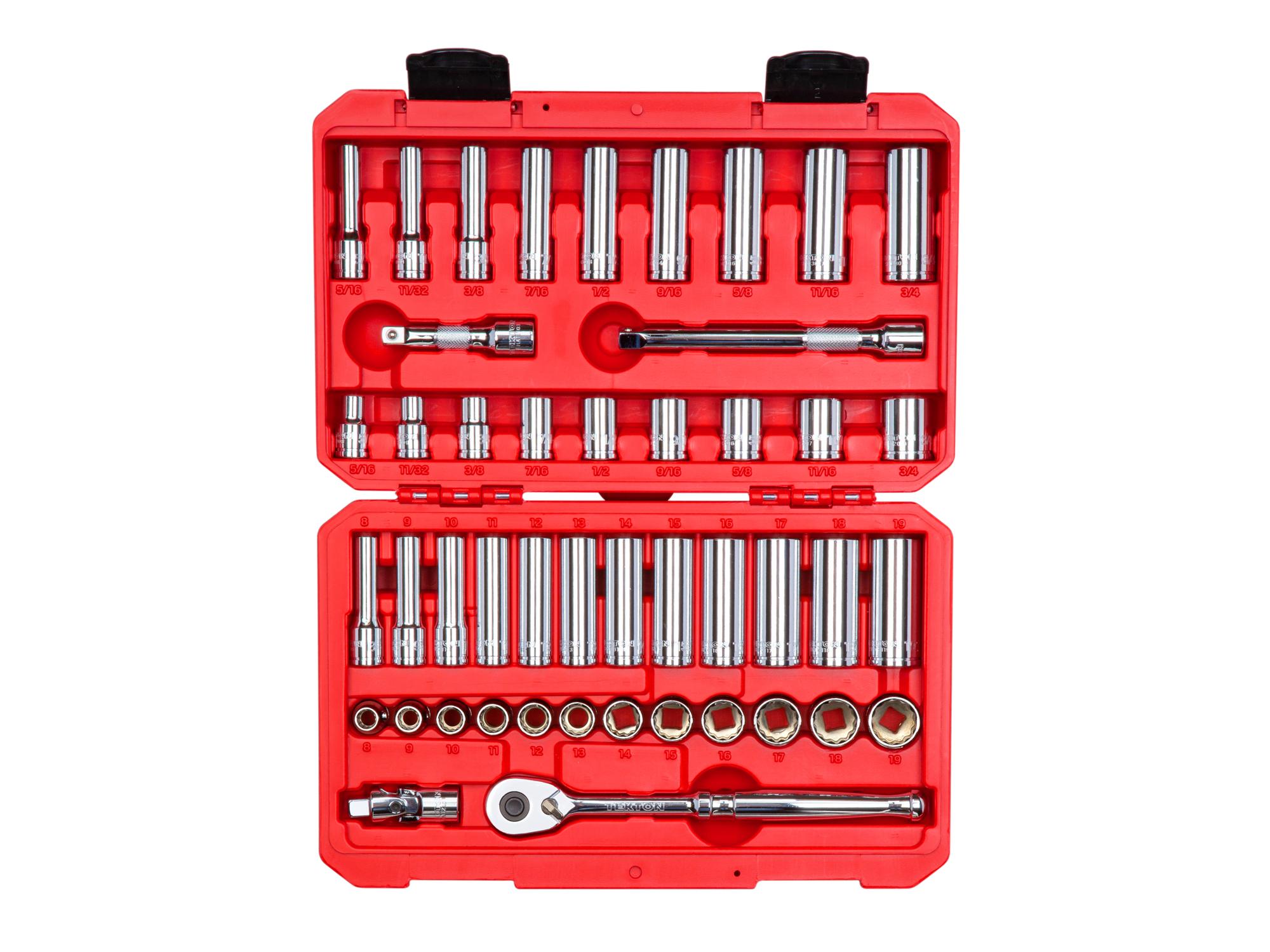 Front view of Tekton case hand drive 12-point socket set. Item #SKT15302