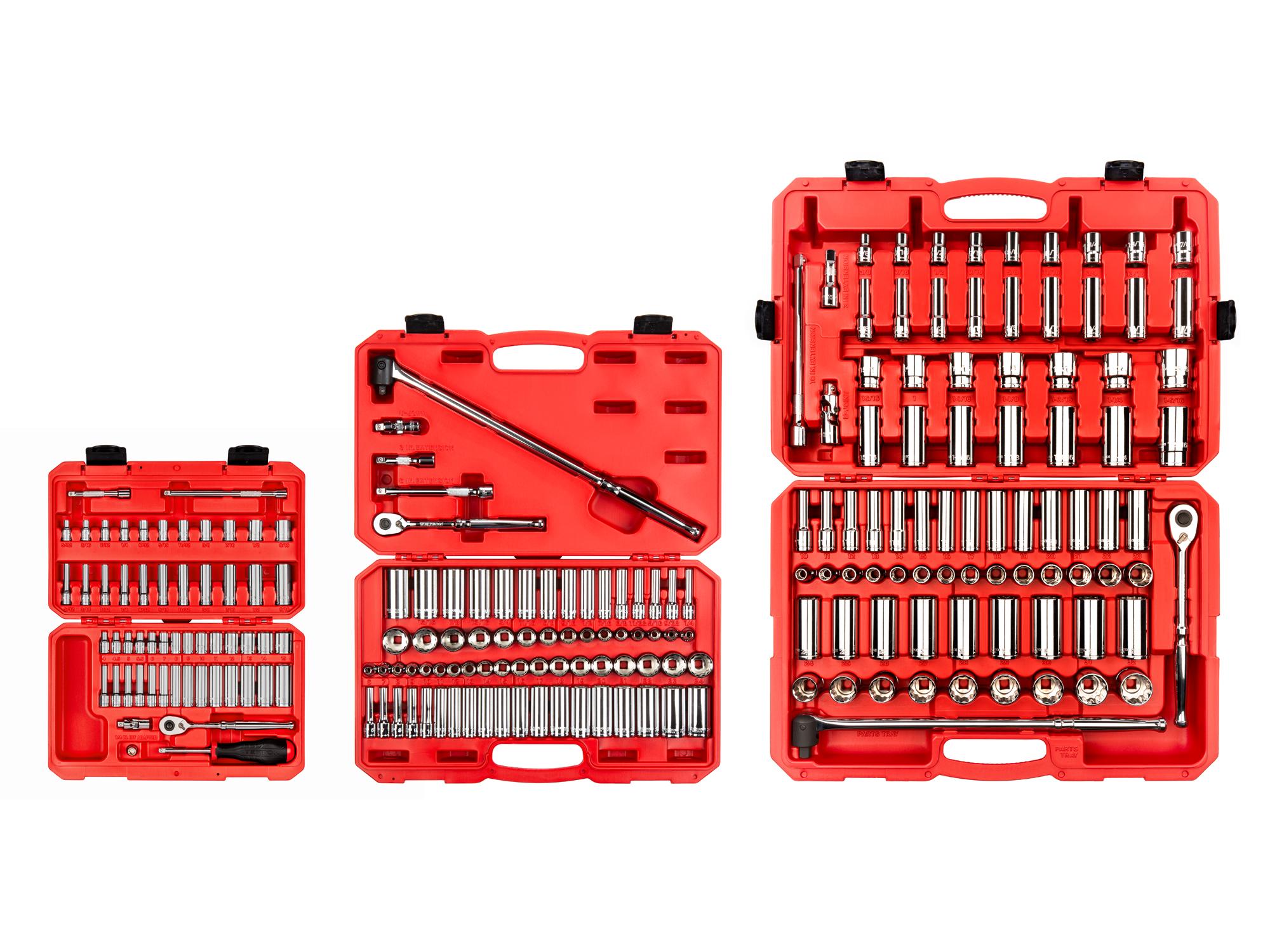 1/4, 3/8, 1/2 Inch Drive Shallow and Deep 12-Point Socket and Ratchet Set with Cases (212-Piece)