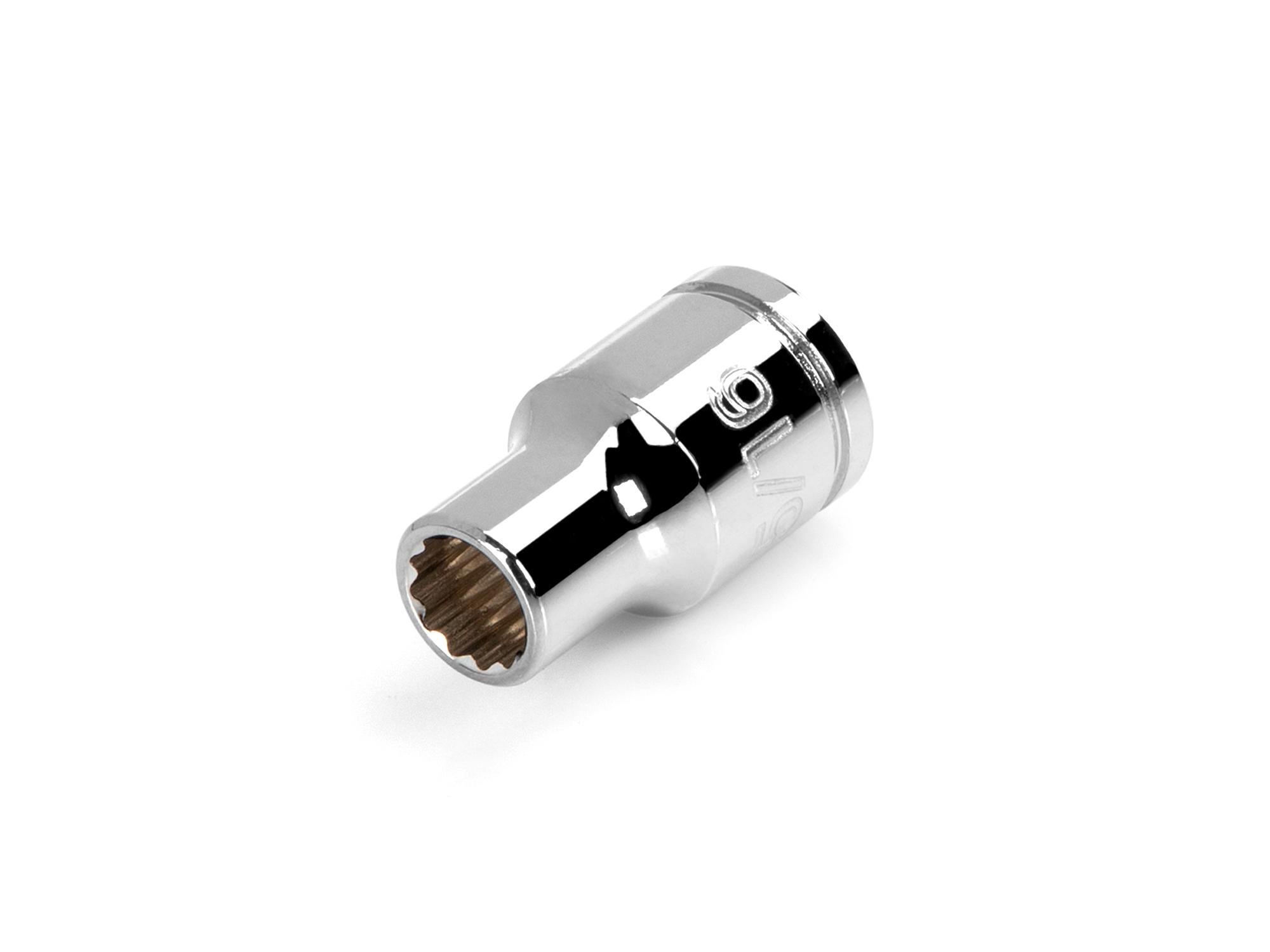 Front-right angle view of Tekton hand drive 12-point socket. Item #SHD12208