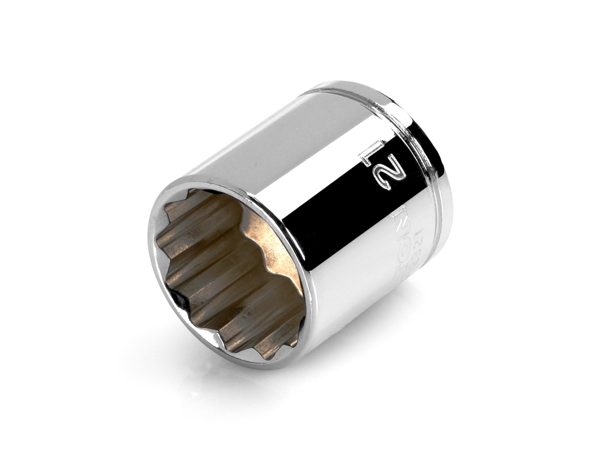 Front-right angle view of Tekton hand drive 12-point socket. Item #SHD12321