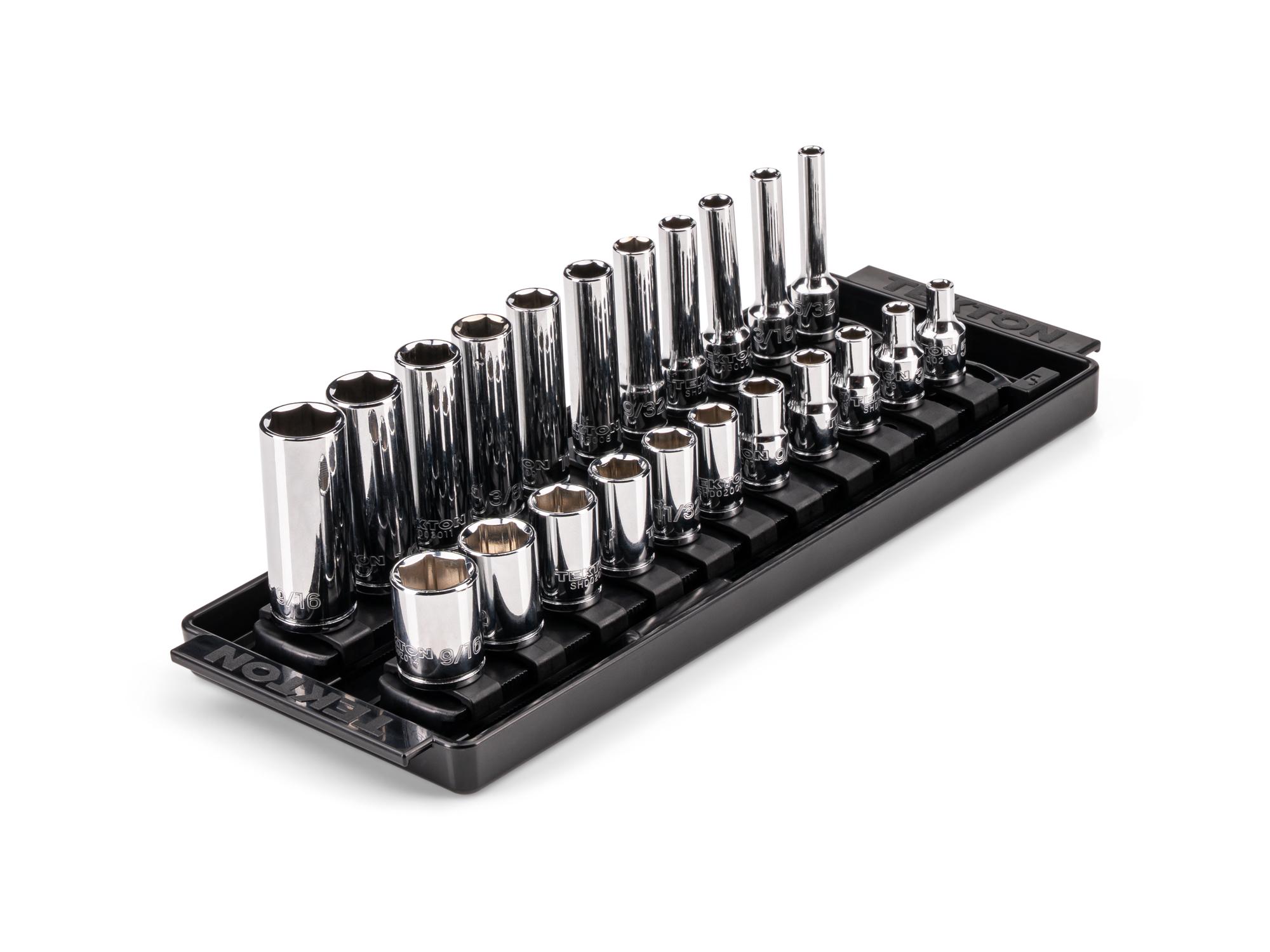1/4 Inch Drive Shallow and Deep 6-Point Socket Set with Rails and Tray (22-Piece)