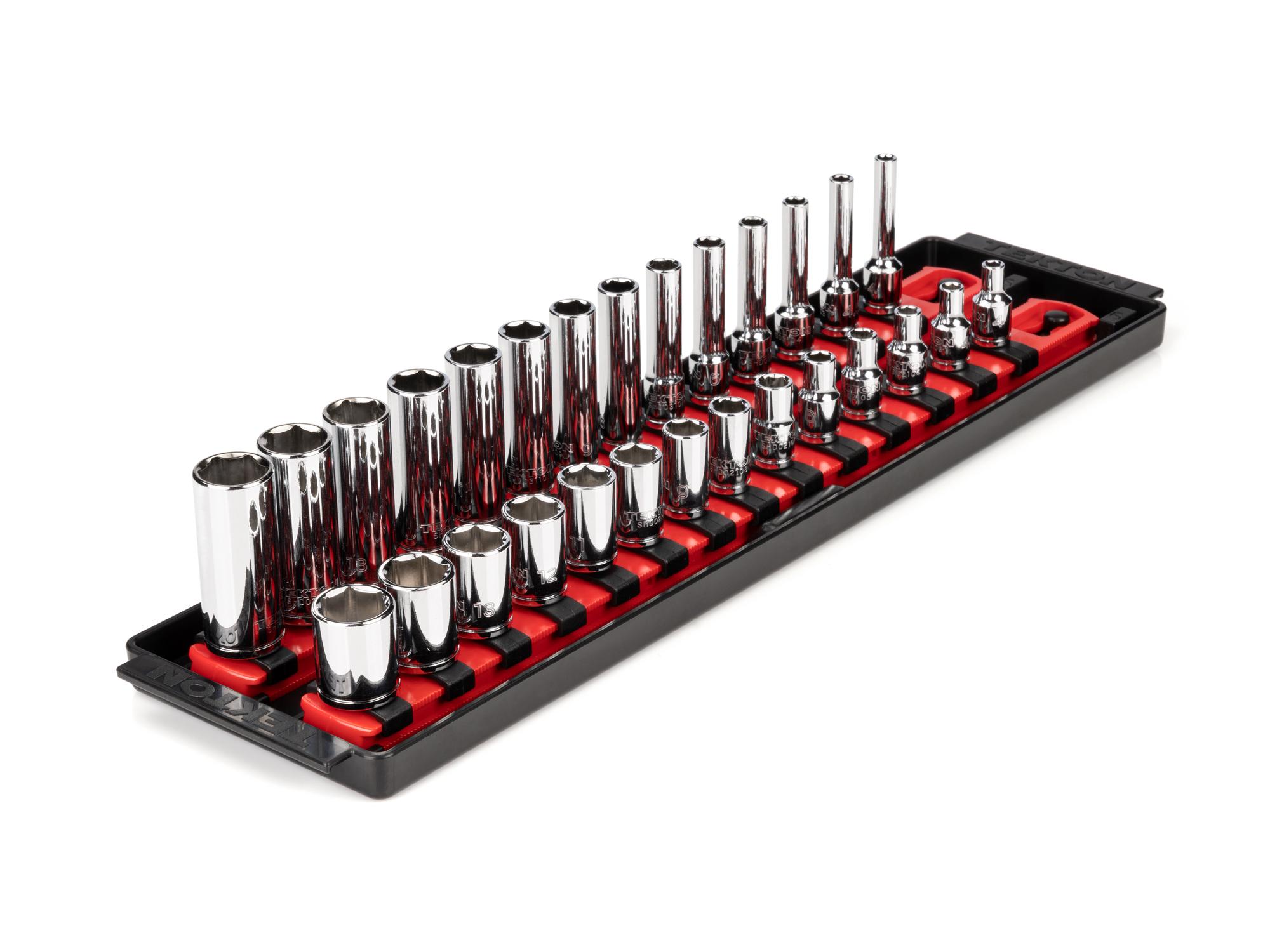 1/4 Inch Drive Shallow and Deep 6-Point Socket Set with Rails and Tray (28-Piece)