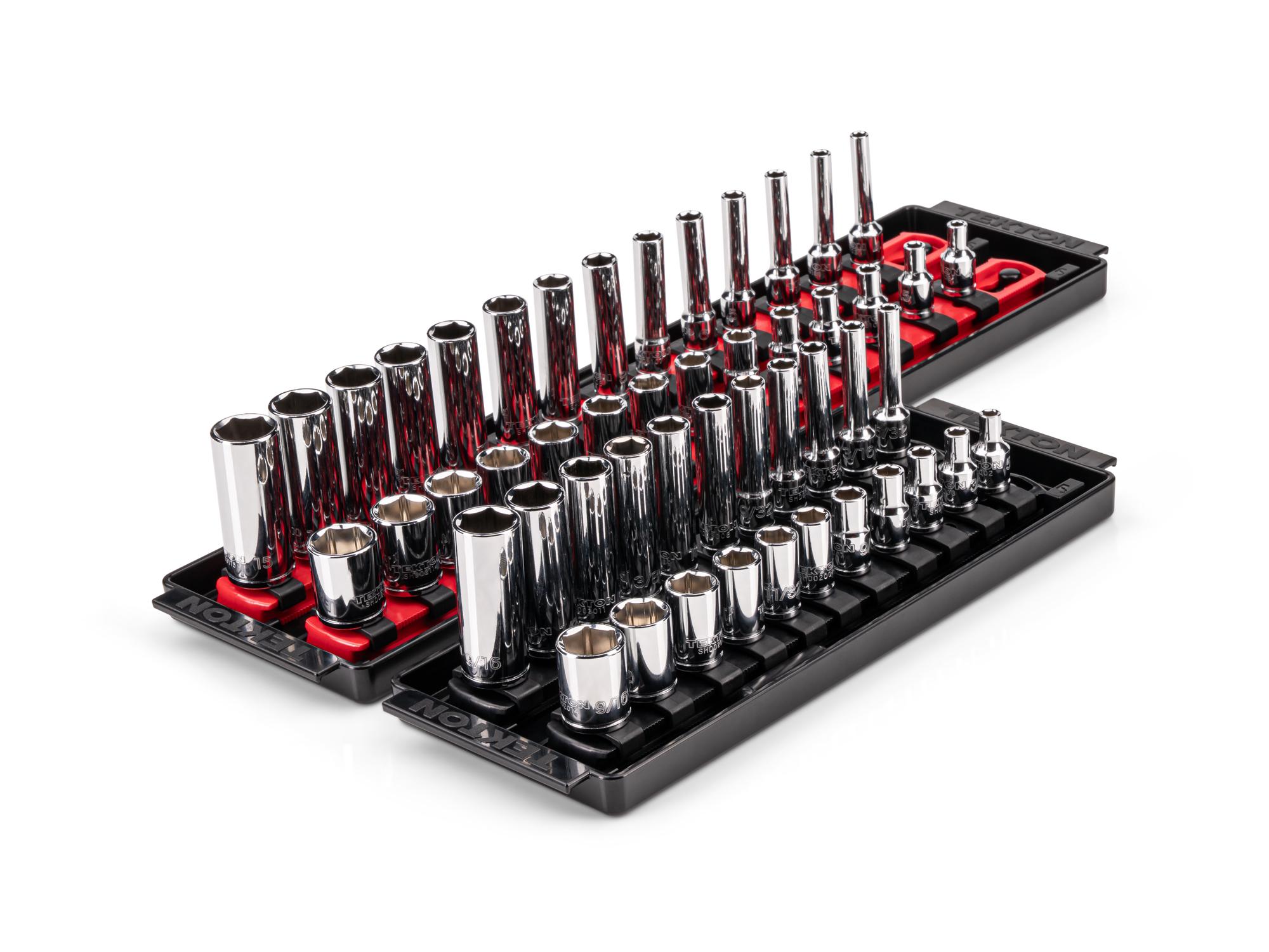 1/4 Inch Drive Shallow and Deep 6-Point Socket Set with Rails and Trays (50-Piece)