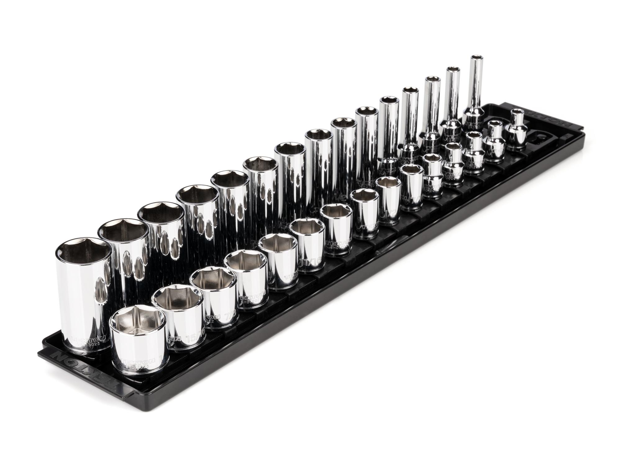 3/8 Inch Drive Shallow and Deep 6-Point Socket Set with Rails and Tray (30-Piece)