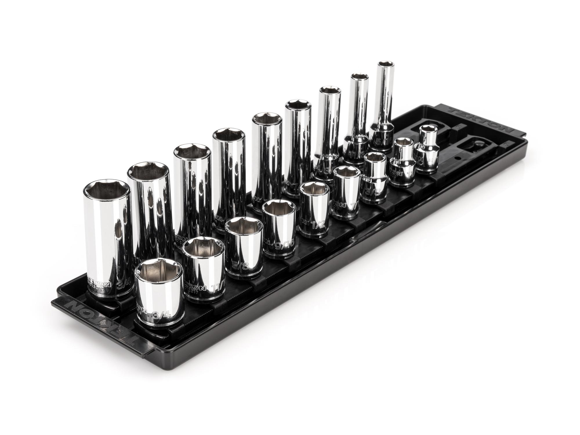 3/8 Inch Drive Shallow and Deep 6-Point Socket Set with Rails and Tray (18-Piece)