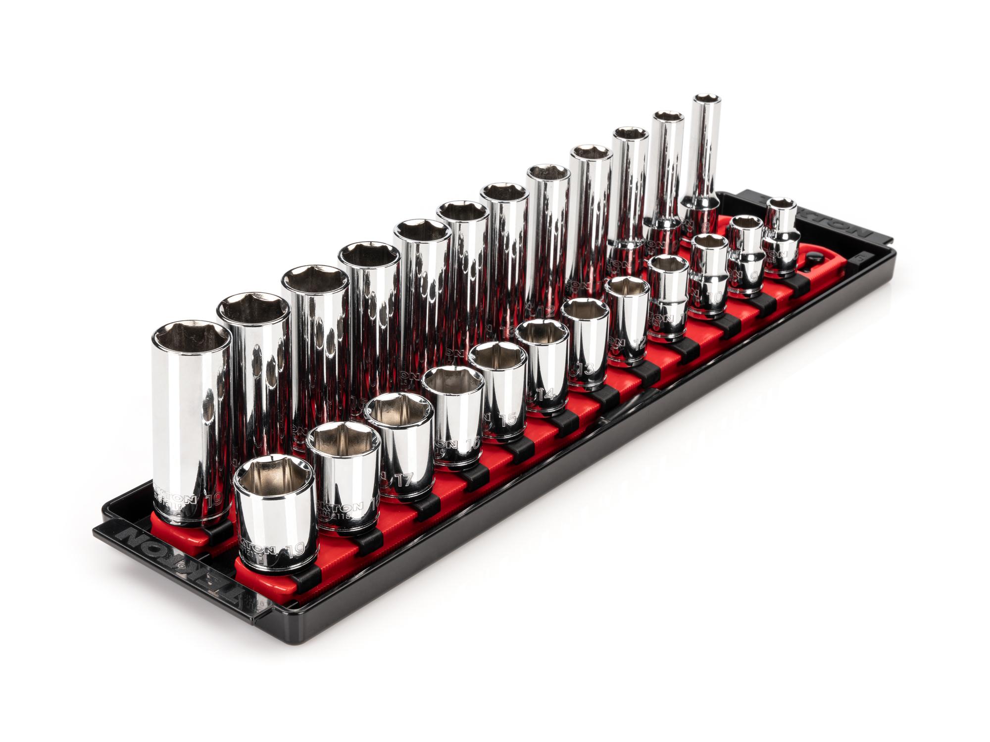 3/8 Inch Drive Shallow and Deep 6-Point Socket Set with Rails and Tray (24-Piece)