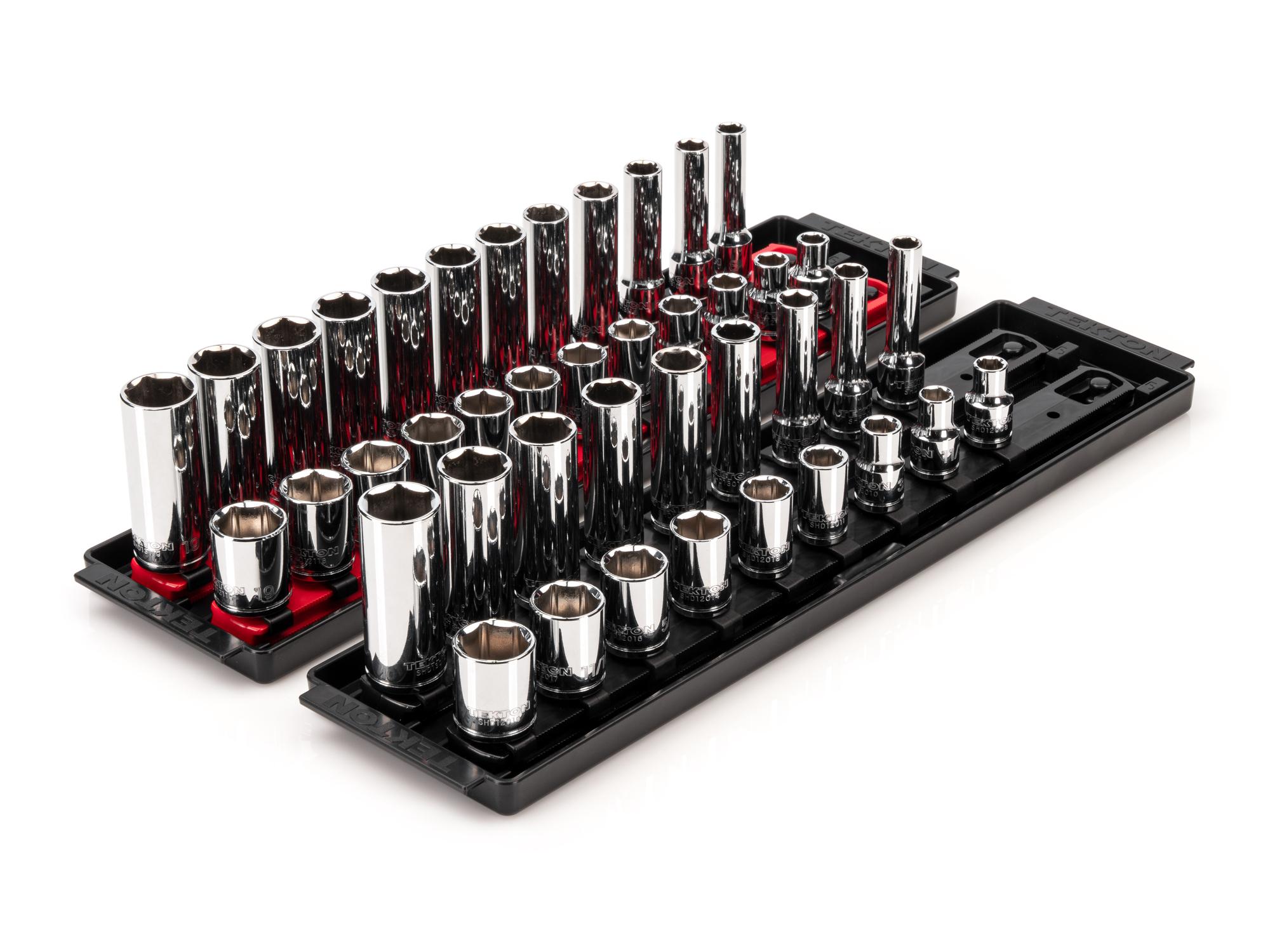 Front-right angle view of Tekton rail hand drive 6-point socket set. Item #SHD91218
