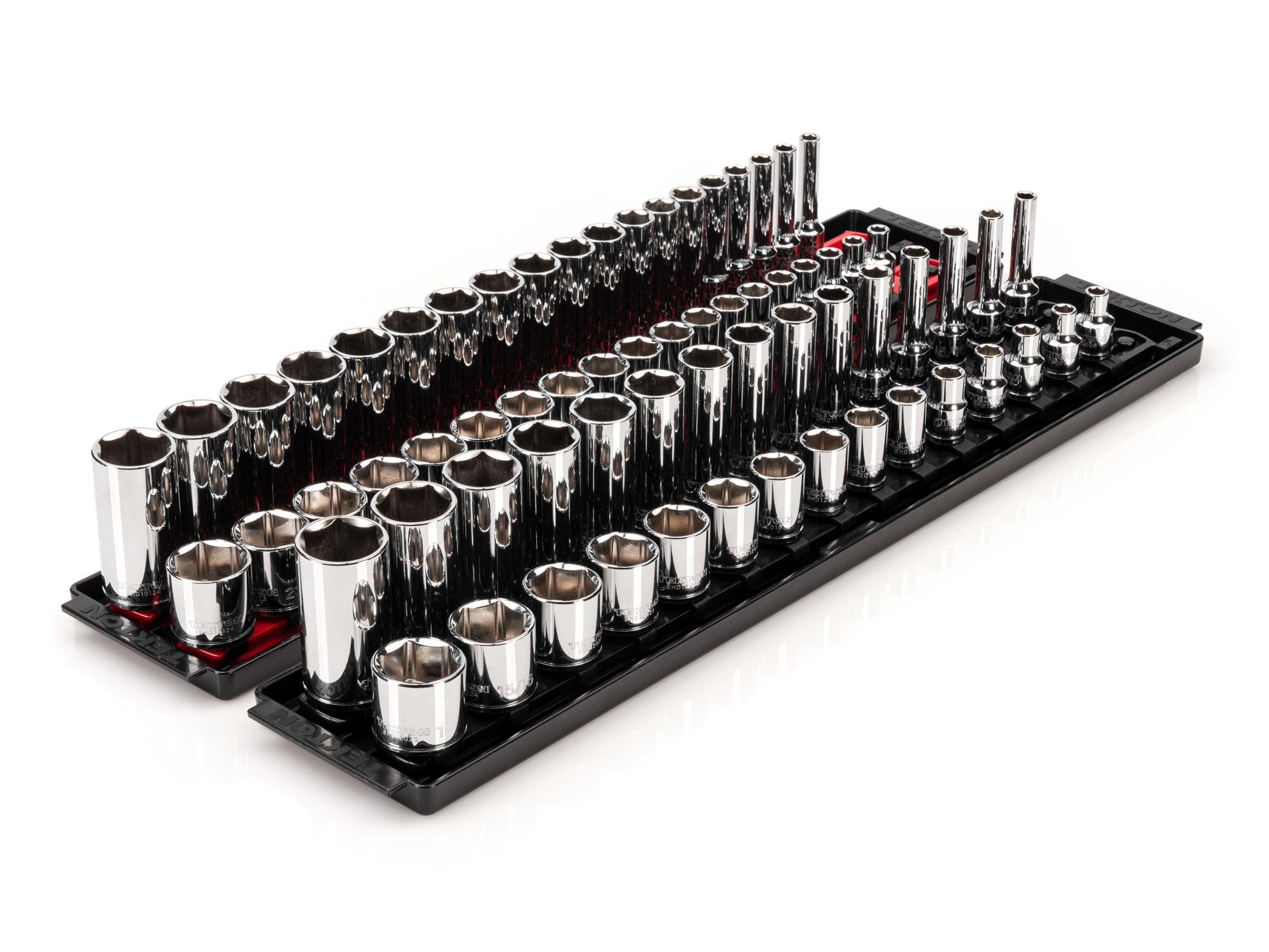 Front-right angle view of Tekton rail hand drive 6-point socket set. Item #SHD91220