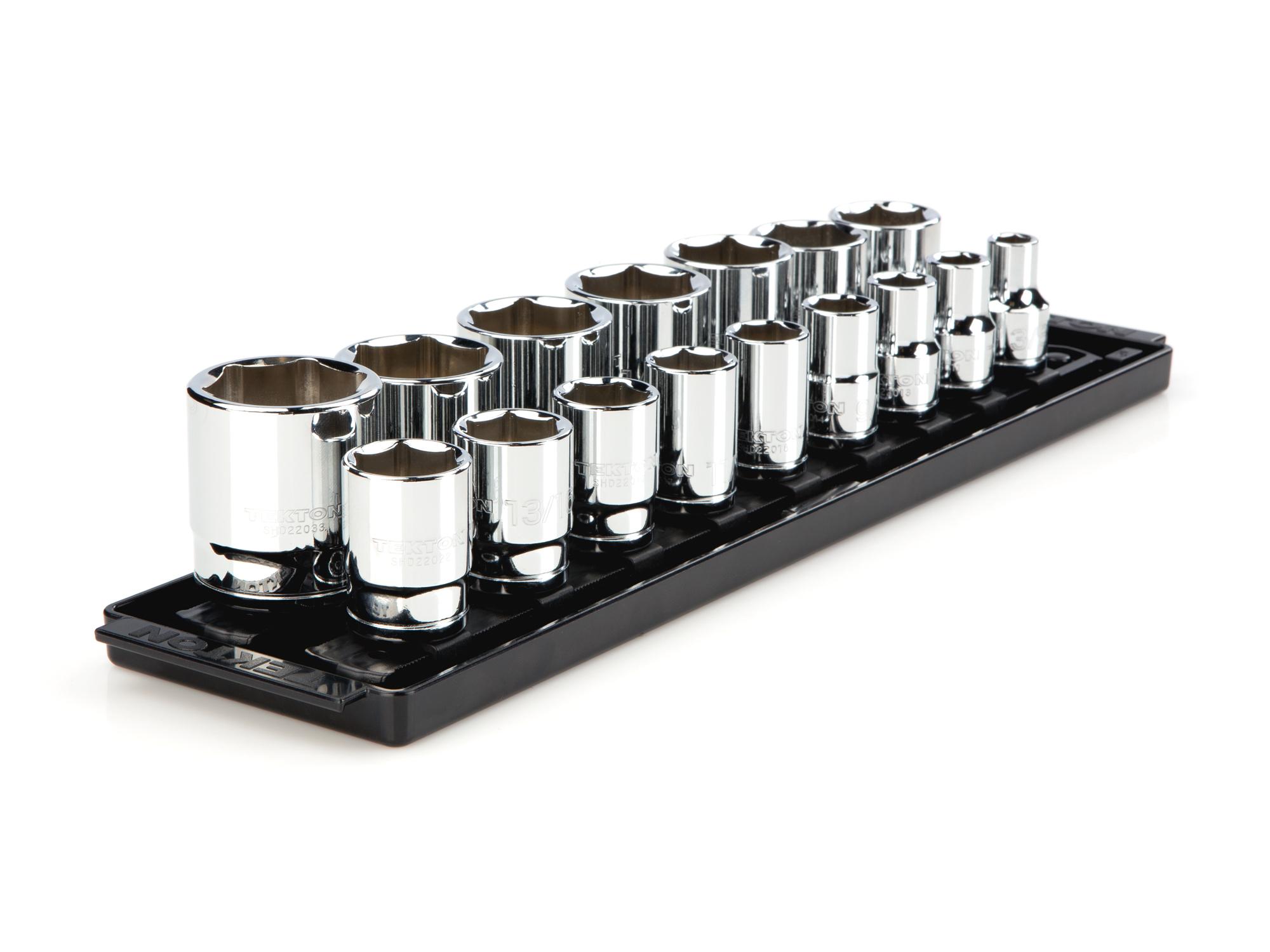 Front-right angle view of Tekton rail and tray hand drive 6-point socket set. Item #SHD92001