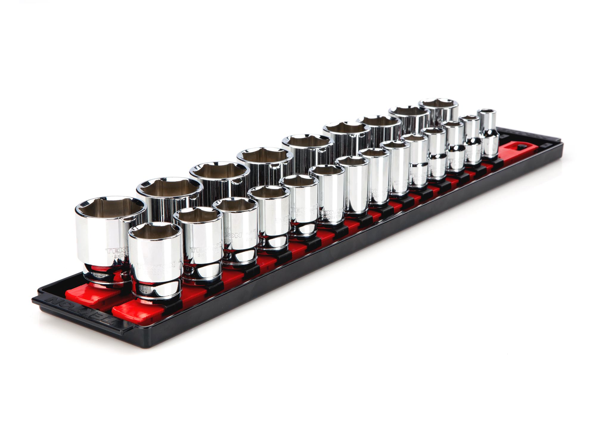 Front-right angle view of Tekton rail hand drive 6-point socket set. Item #SHD92002