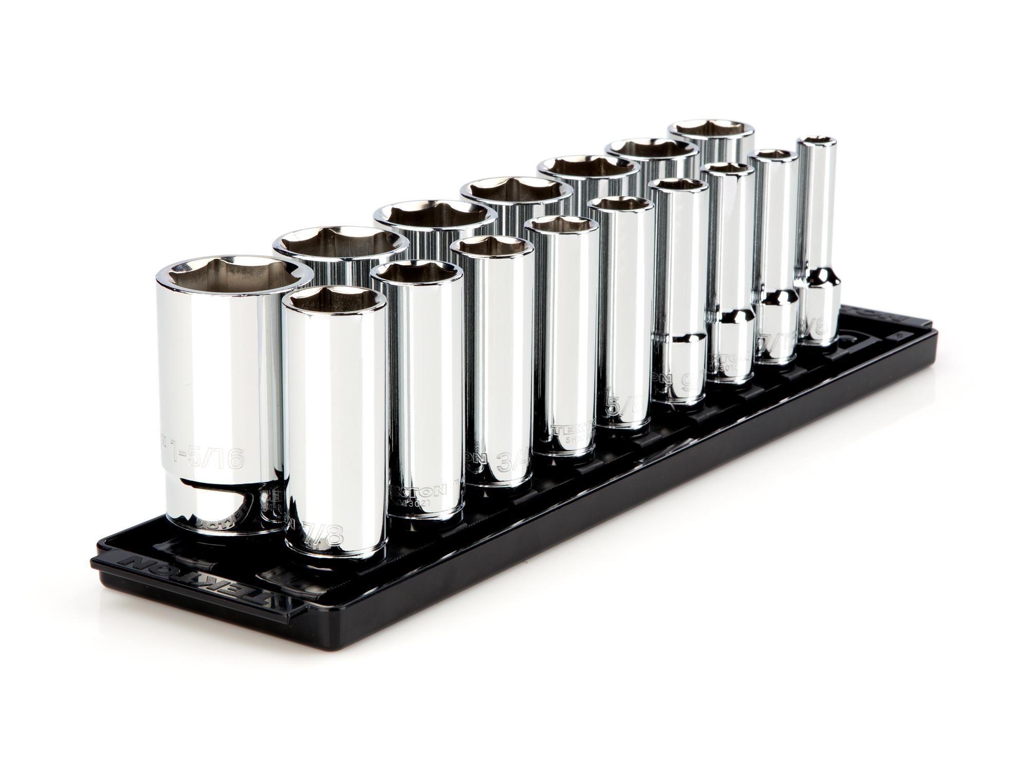 Front-right angle view of Tekton rail hand drive 6-point socket set. Item #SHD92005