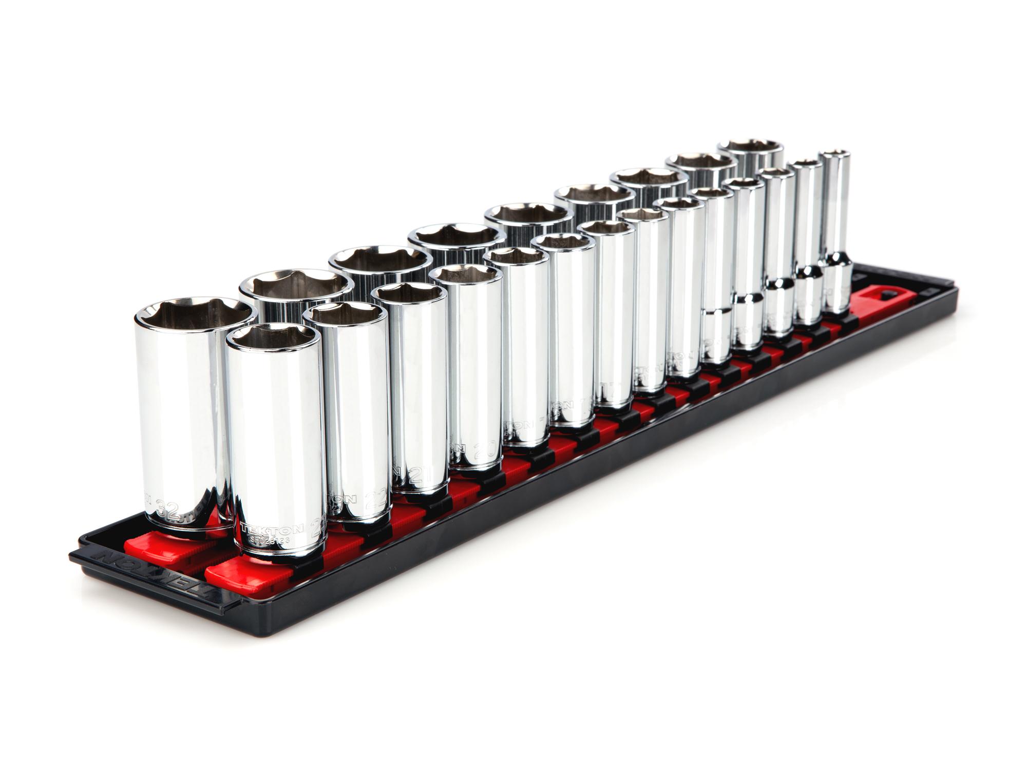 Front-right angle view of Tekton rail hand drive 6-point socket set. Item #SHD92006