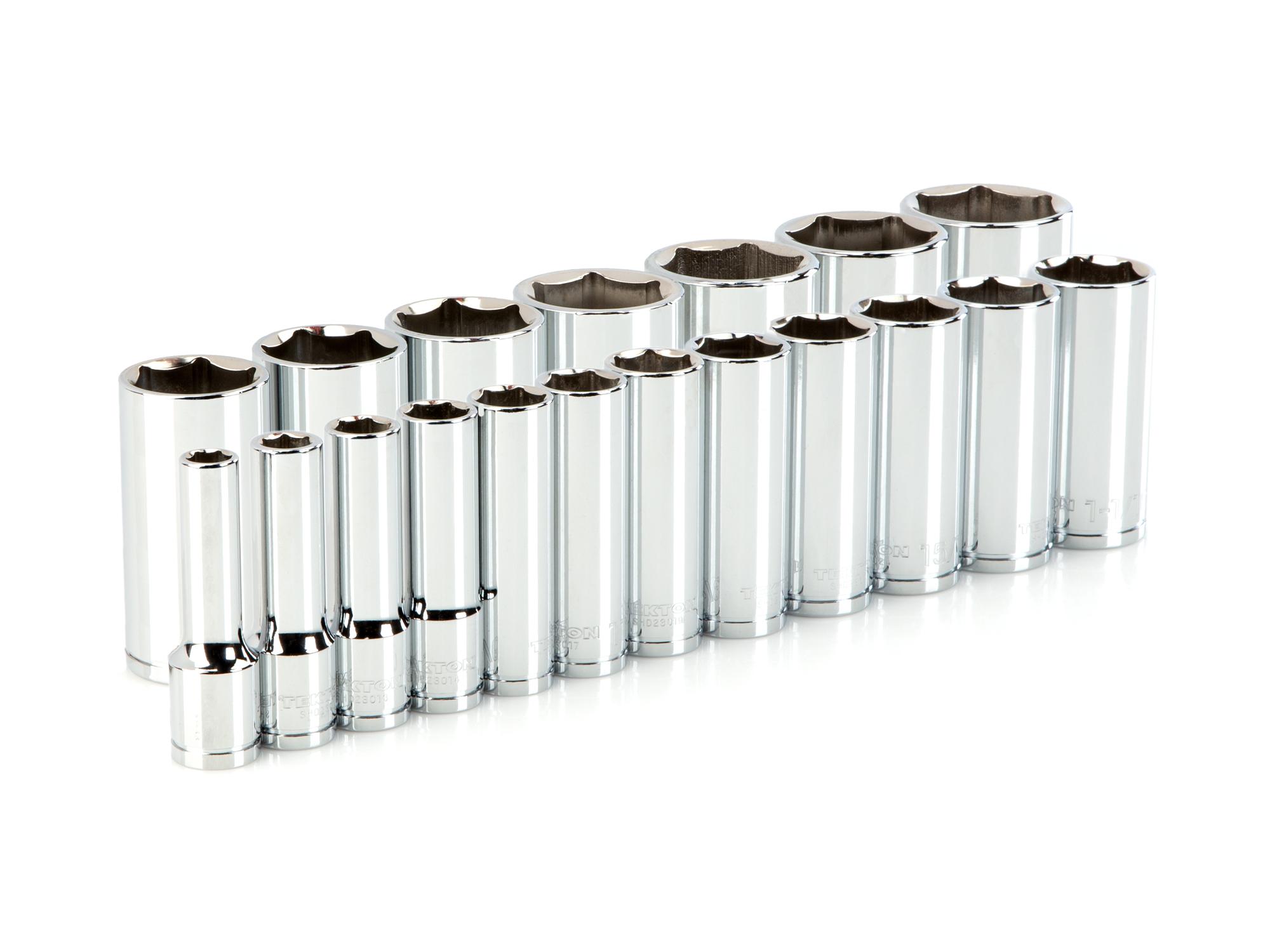 Front-right angle view of Tekton hand drive 6-point socket set. Item #SHD92013