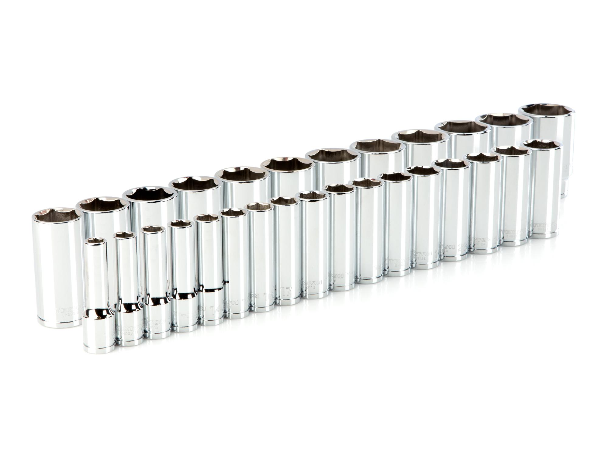 Front-right angle view of Tekton hand drive 6-point socket set. Item #SHD92014