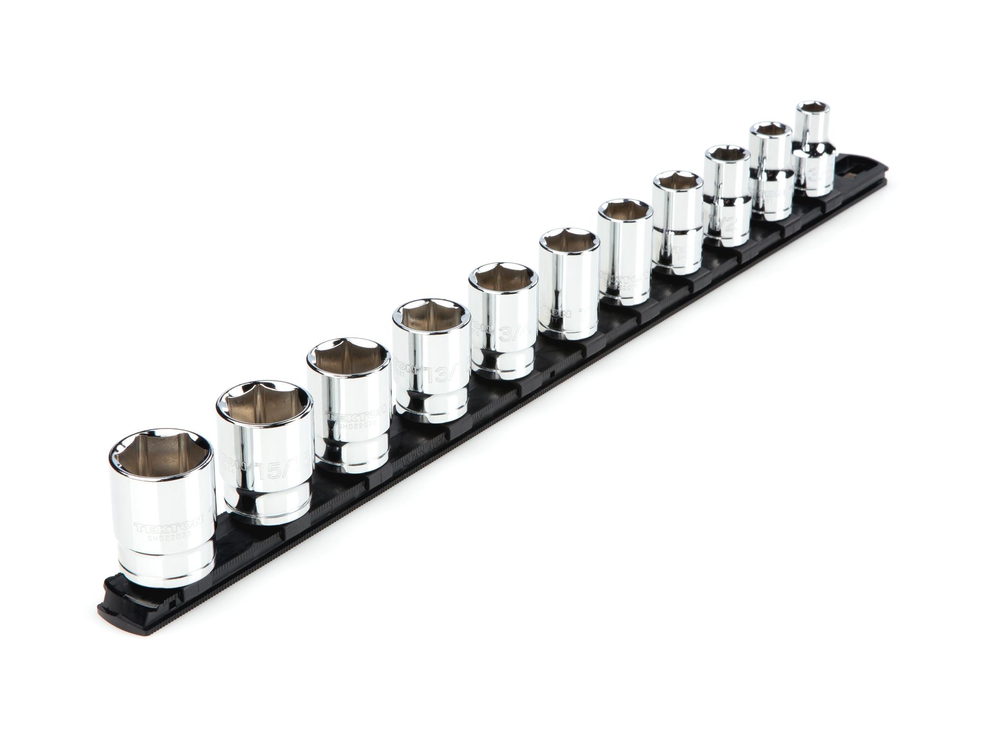Front-right angle view of Tekton rail hand drive 6-point socket set. Item #SHD92101