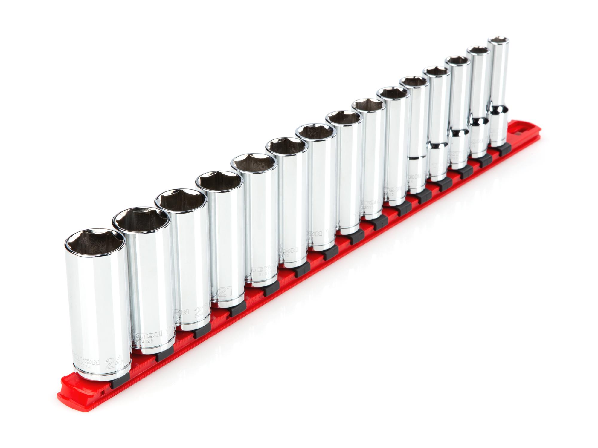 Front-right angle view of Tekton rail hand drive 6-point socket set. Item #SHD92106