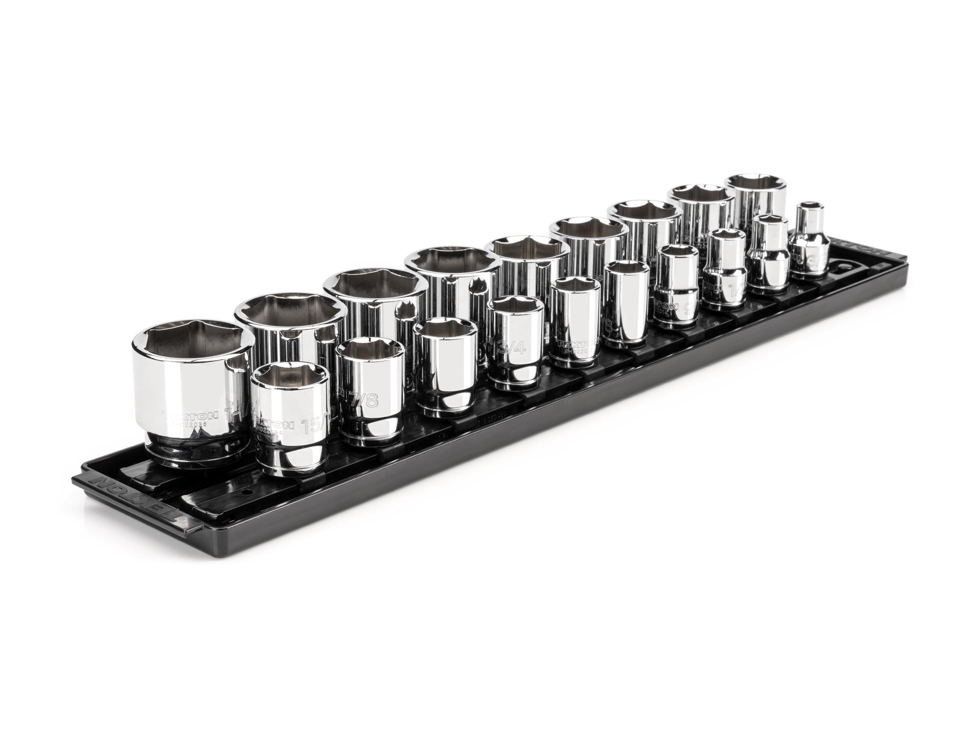 Front-right angle view of Tekton rail hand drive 6-point socket set. Item #SHD92122