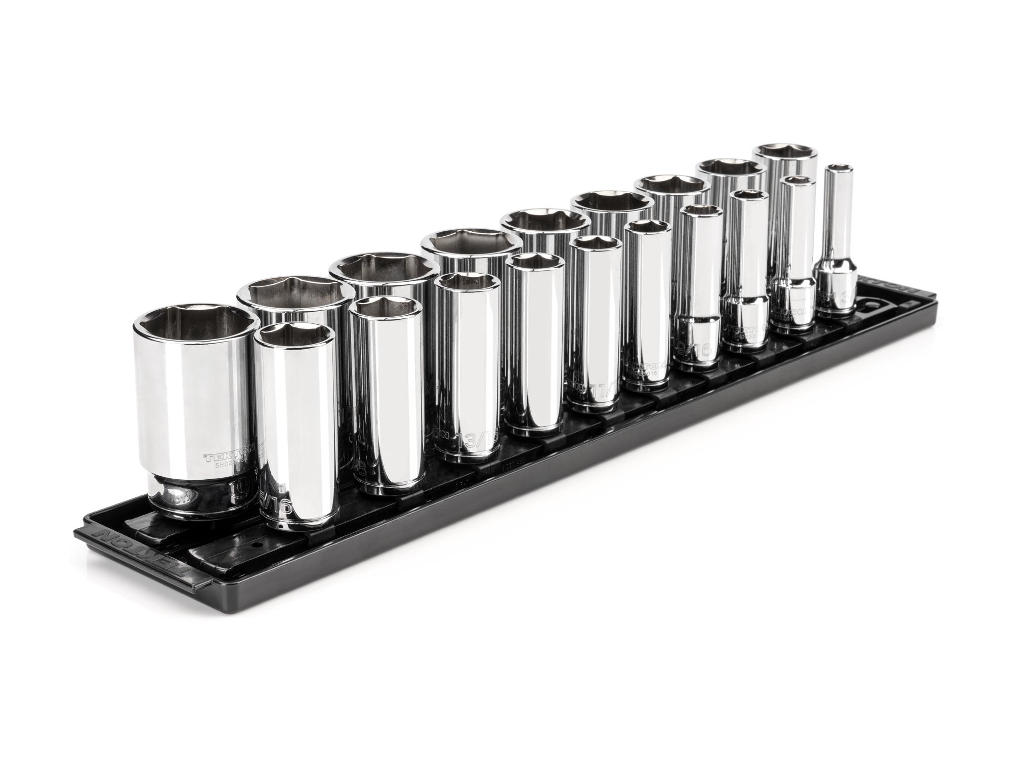 Front-right angle view of Tekton rail and tray hand drive 6-point socket set. Item #SHD92123