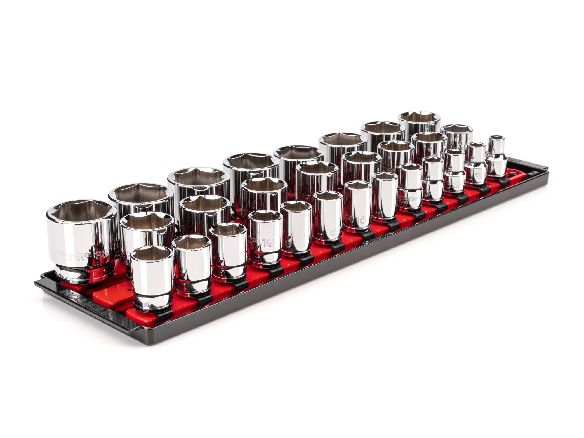 1/2 Inch Drive Shallow 6-Point Socket Set with Rails and Tray (29-Piece)