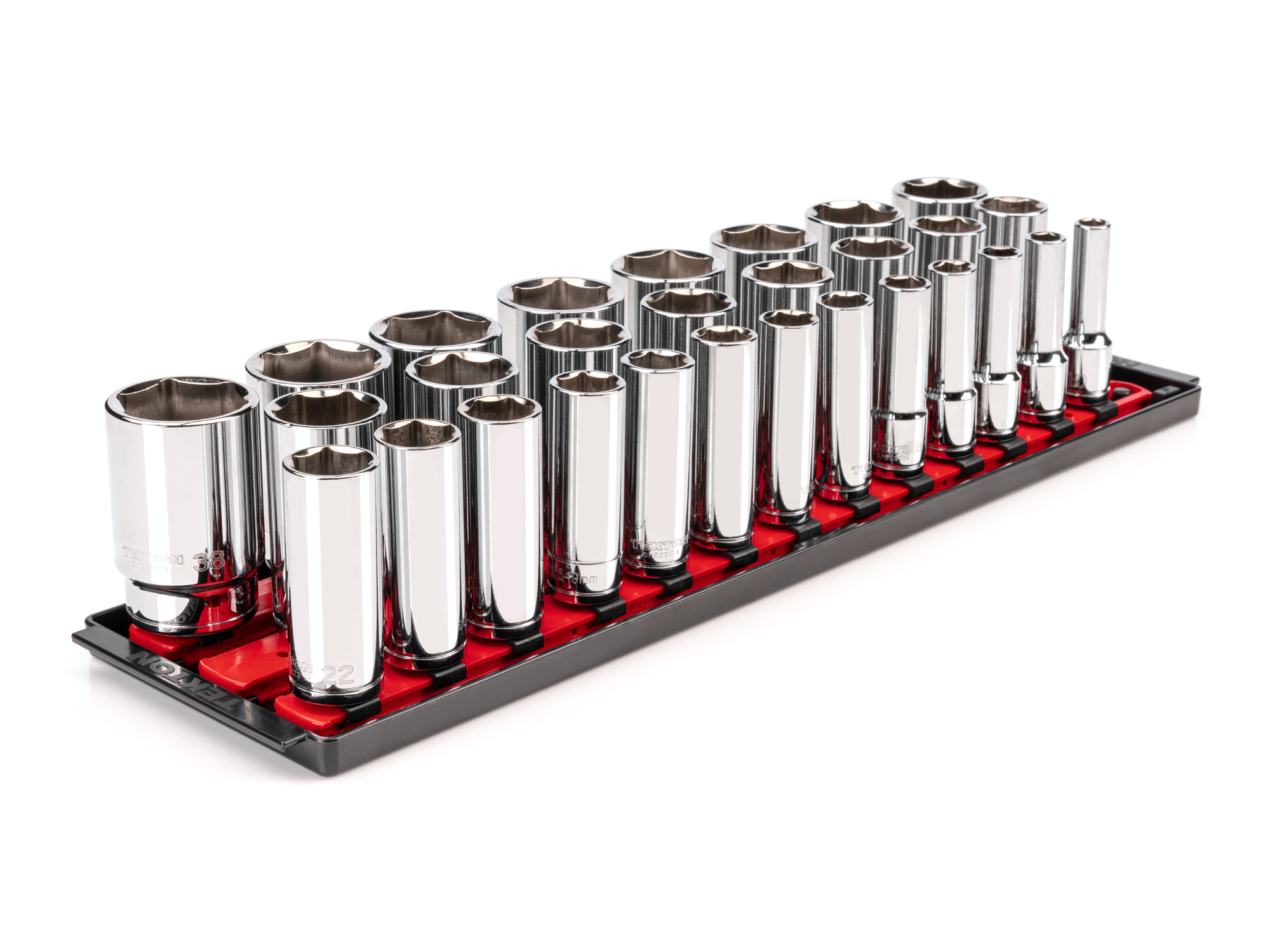 TEKTON 1/2 Inch Drive Deep 6-Point Socket Set with Rails and Tray, 29-Piece (10-38 mm)